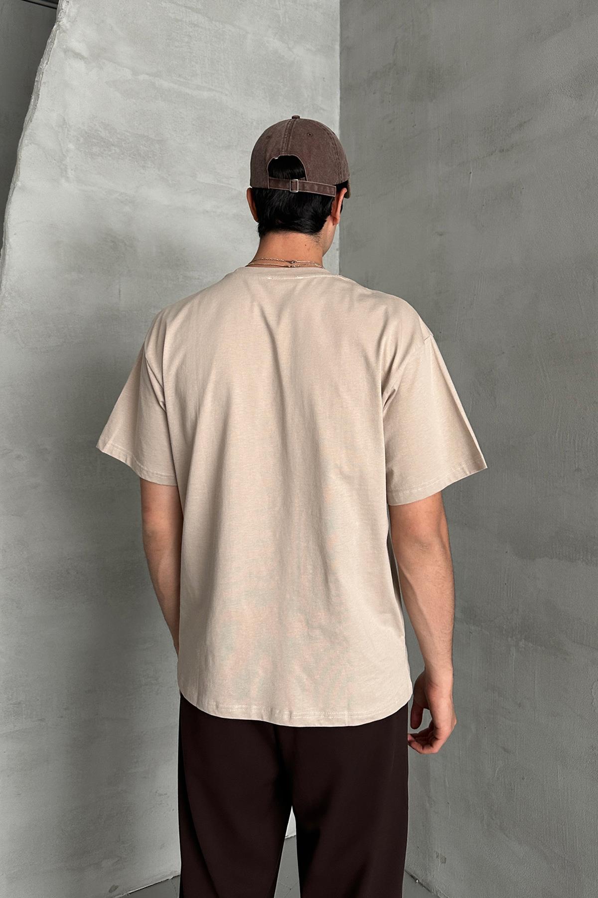 Erkek %100 Pamuk Oversize Basic T-shirt Bej