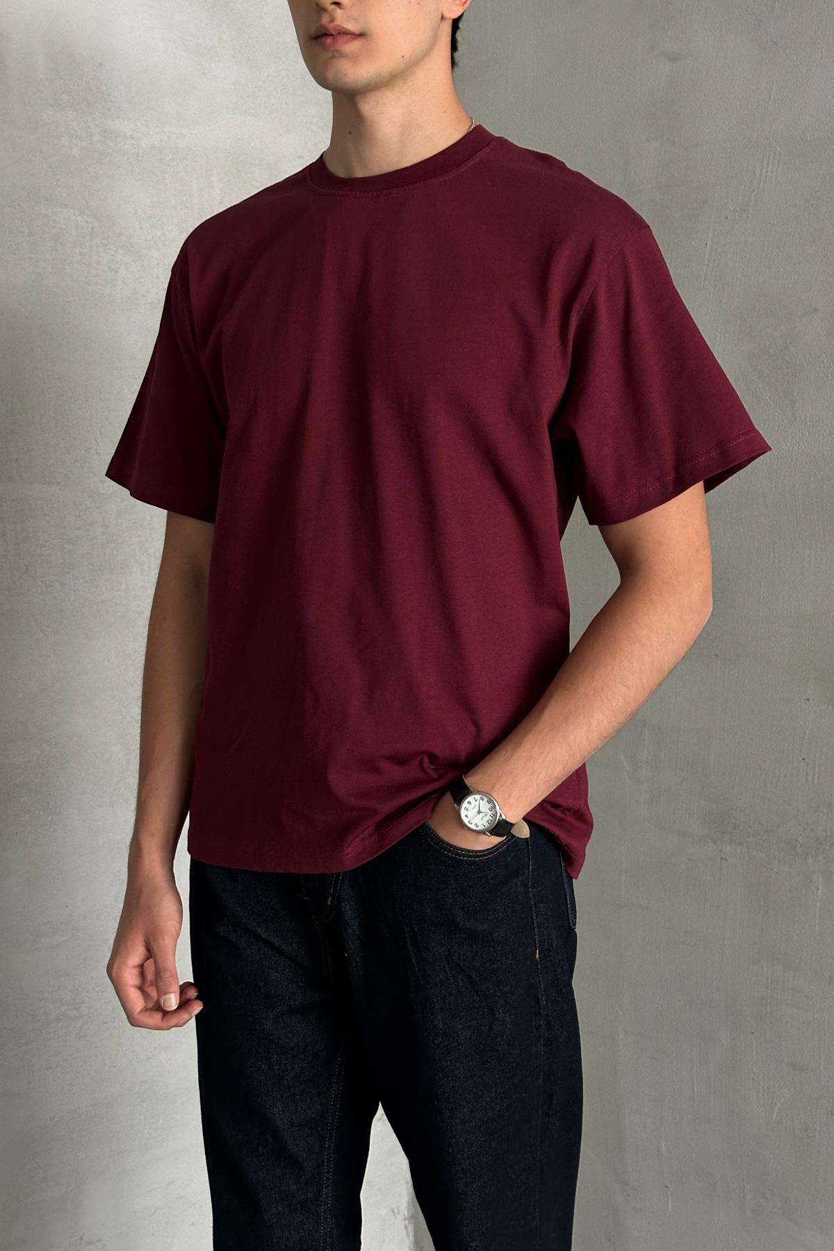 Erkek %100 Pamuk Oversize Basic T-shirt Bordo