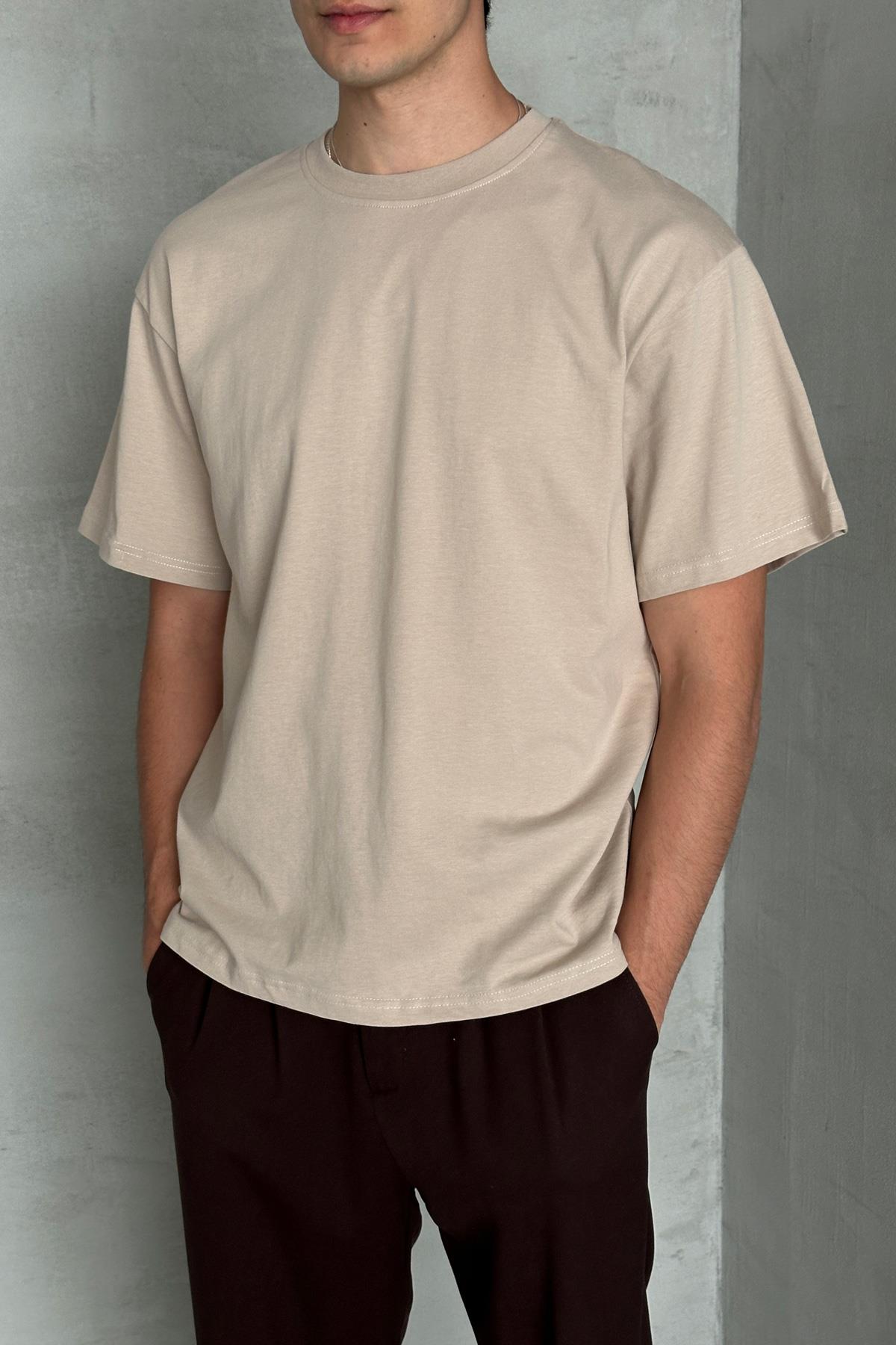 Erkek %100 Pamuk Oversize Basic T-shirt Bej