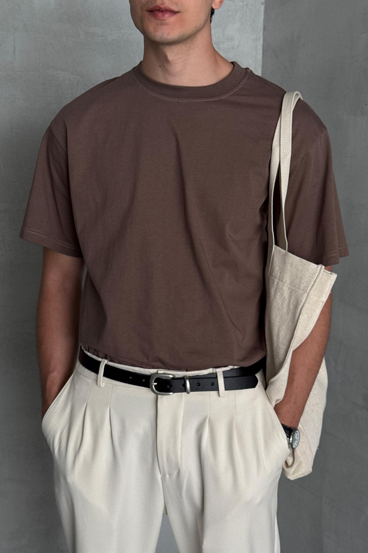 Erkek %100 Pamuk Oversize Basic T-shirt Kahverengi