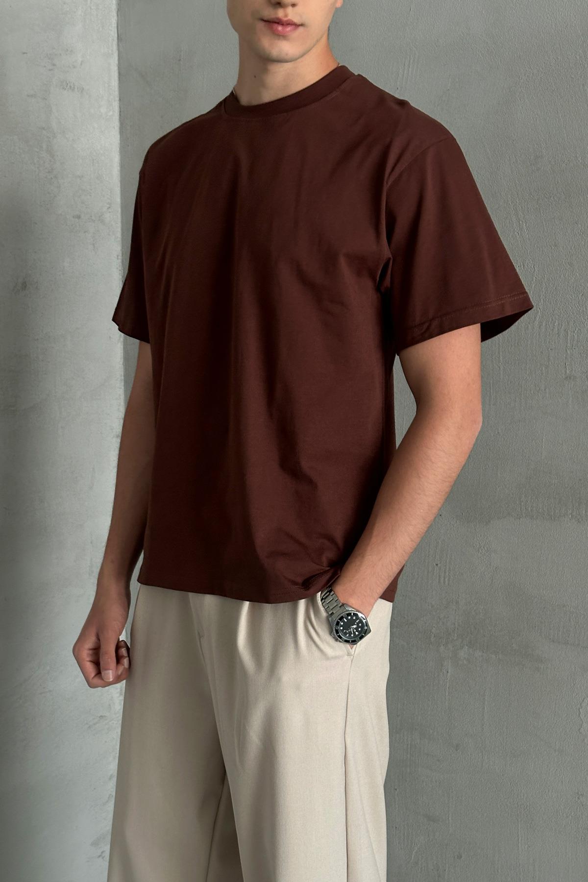 Erkek %100 Pamuk Oversize Basic T-shirt Koyu Kahve