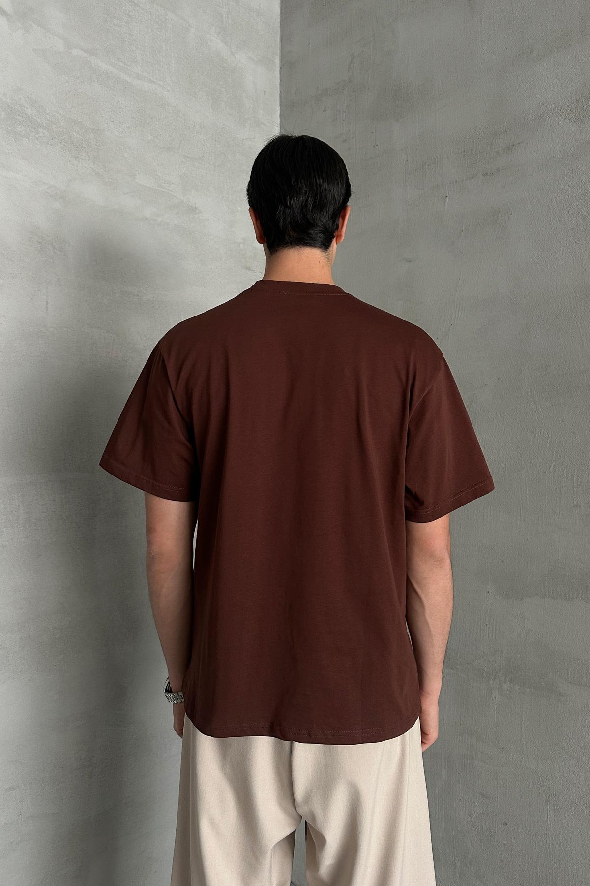 Erkek %100 Pamuk Oversize Basic T-shirt Koyu Kahve