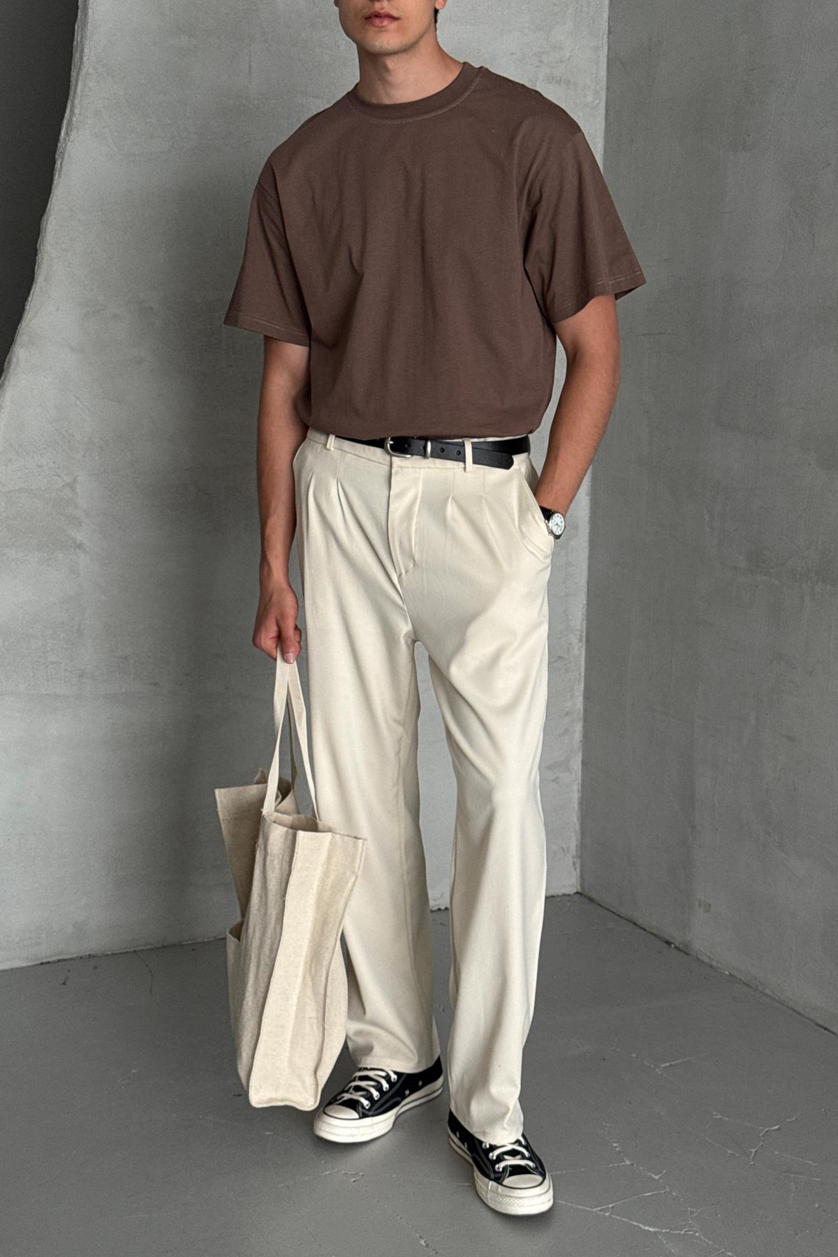 Erkek %100 Pamuk Oversize Basic T-shirt Kahverengi