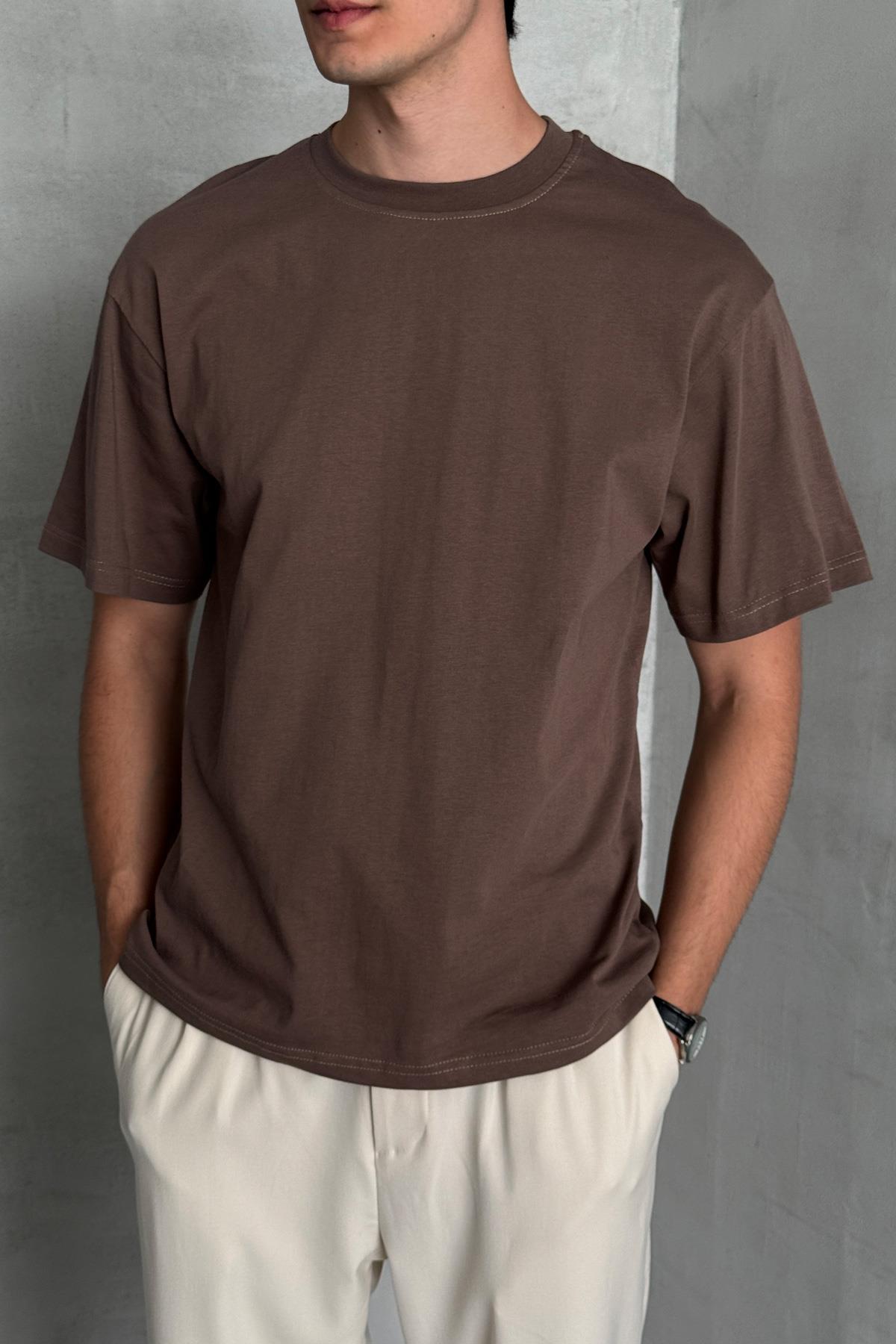 Erkek %100 Pamuk Oversize Basic T-shirt Kahverengi