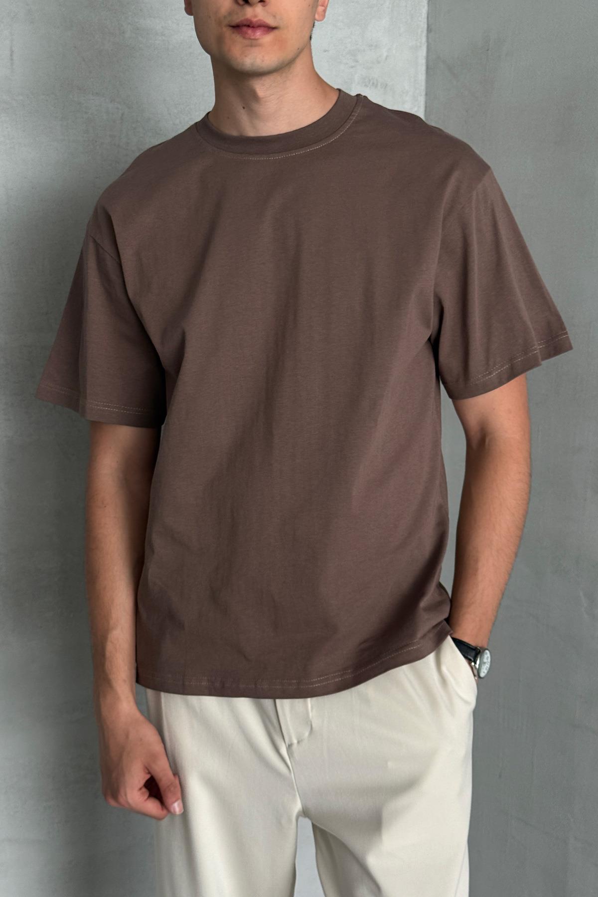 Erkek %100 Pamuk Oversize Basic T-shirt Kahverengi