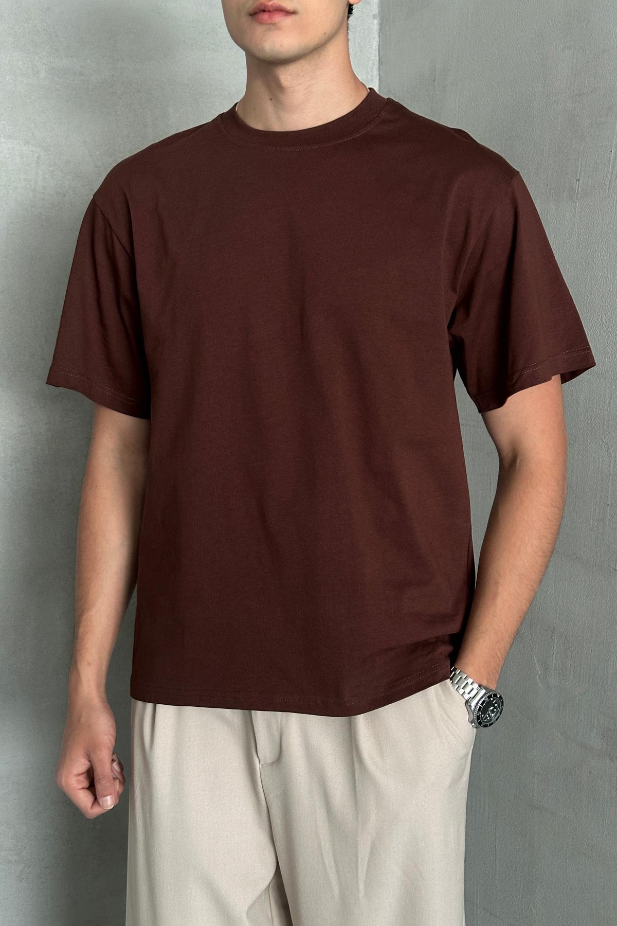 Erkek %100 Pamuk Oversize Basic T-shirt Koyu Kahve