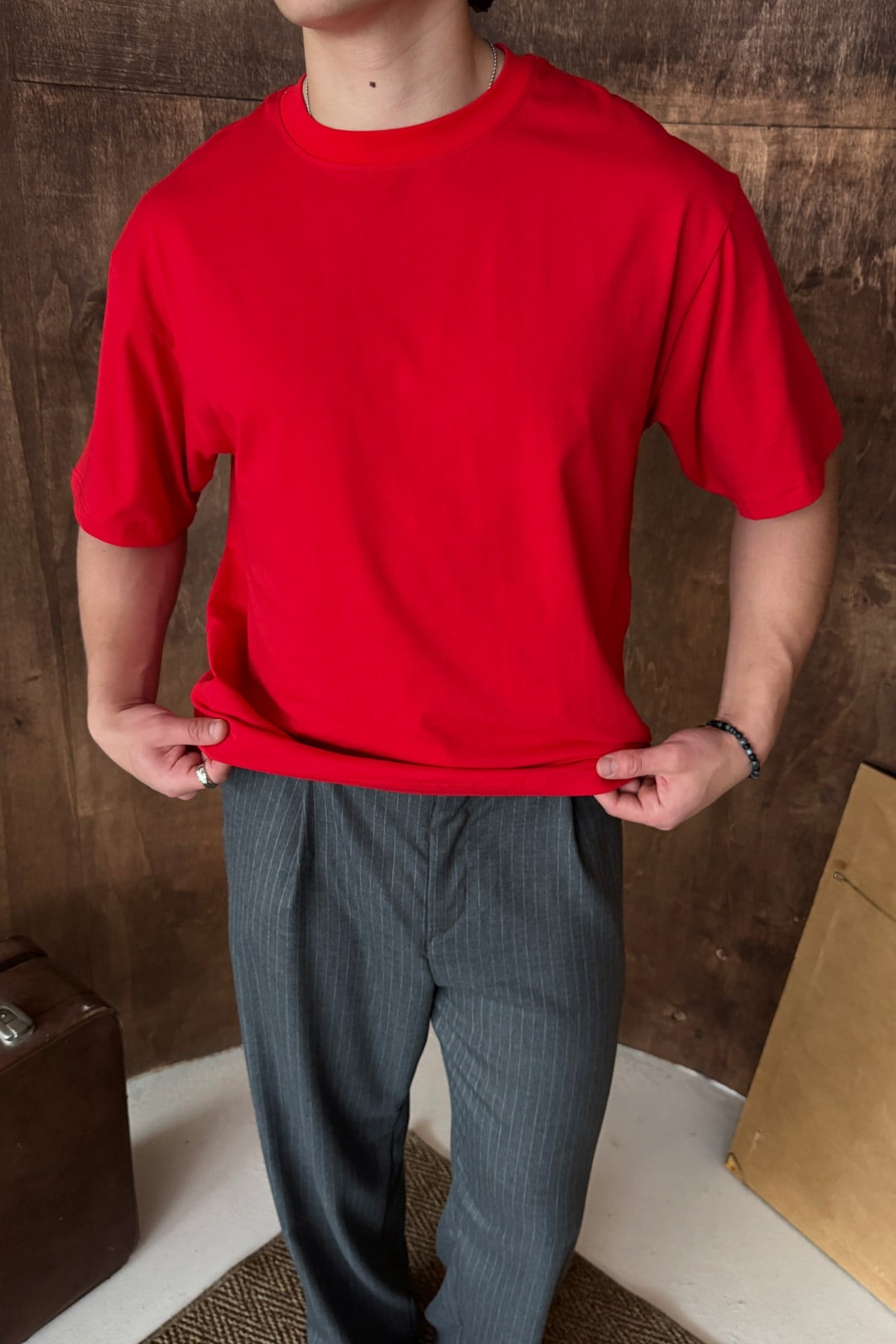 Erkek %100 Pamuk Oversize Basic T-shirt Kırmızı