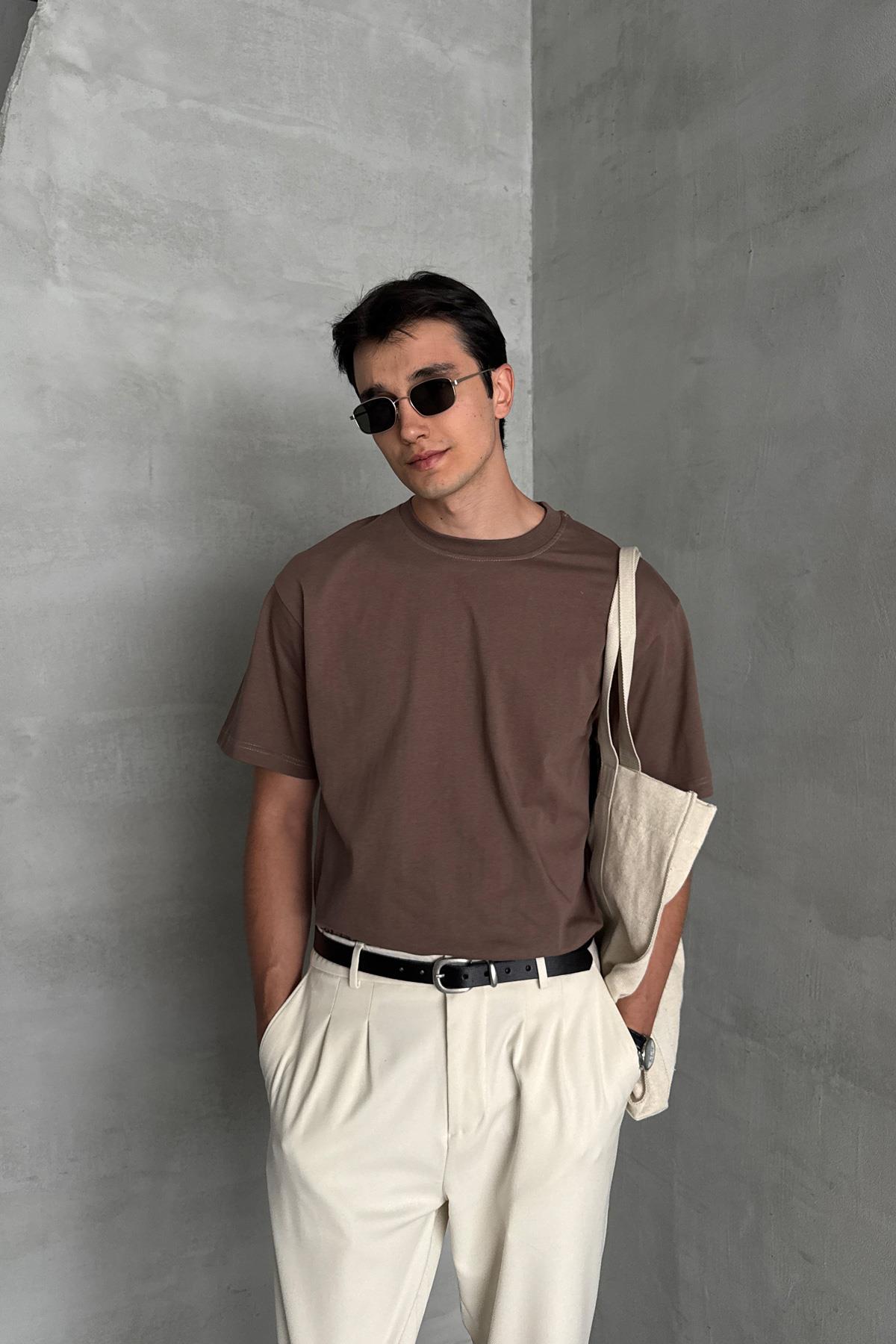 Erkek %100 Pamuk Oversize Basic T-shirt Kahverengi