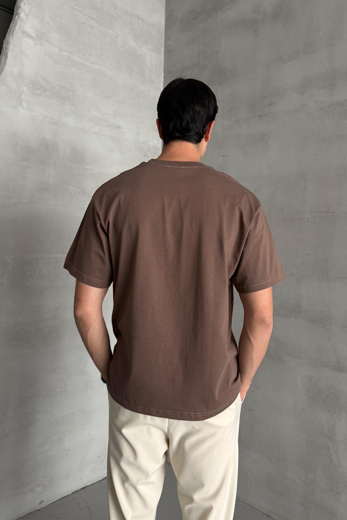 Erkek %100 Pamuk Oversize Basic T-shirt Kahverengi