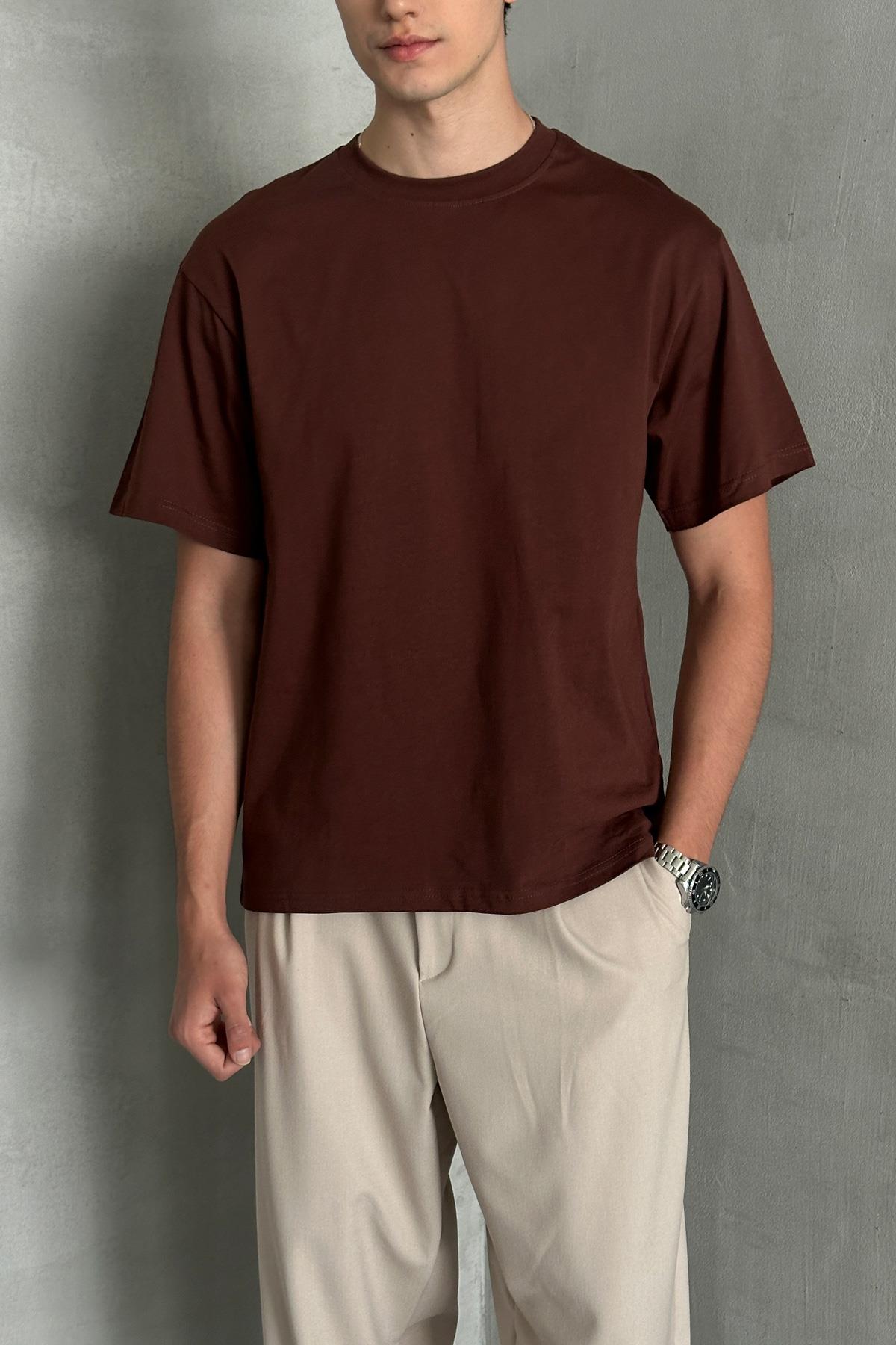 Erkek %100 Pamuk Oversize Basic T-shirt Koyu Kahve