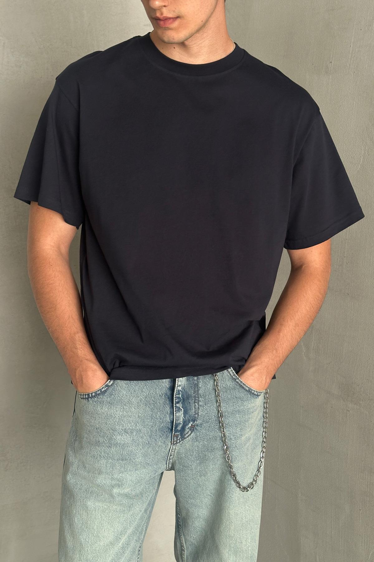 Erkek %100 Pamuk Oversize Basic T-shirt Lacivert
