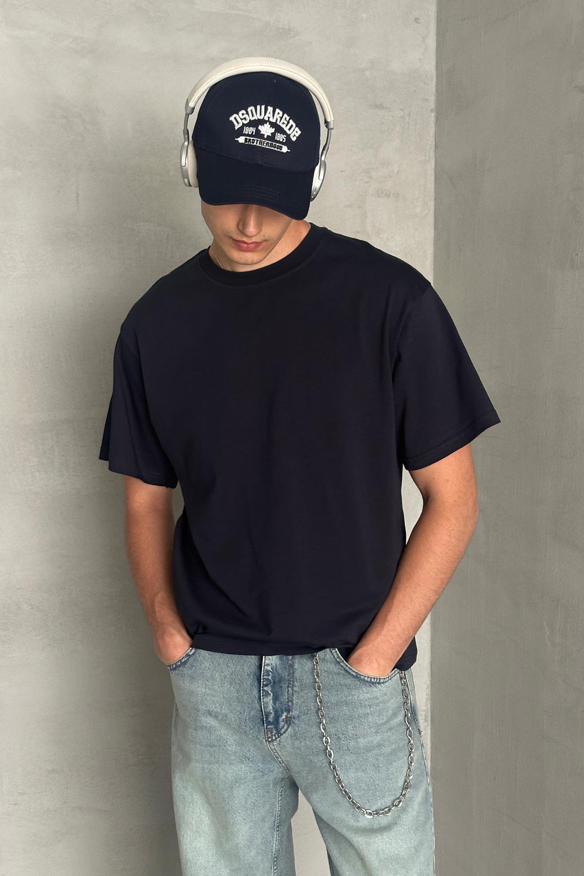 Erkek %100 Pamuk Oversize Basic T-shirt Lacivert
