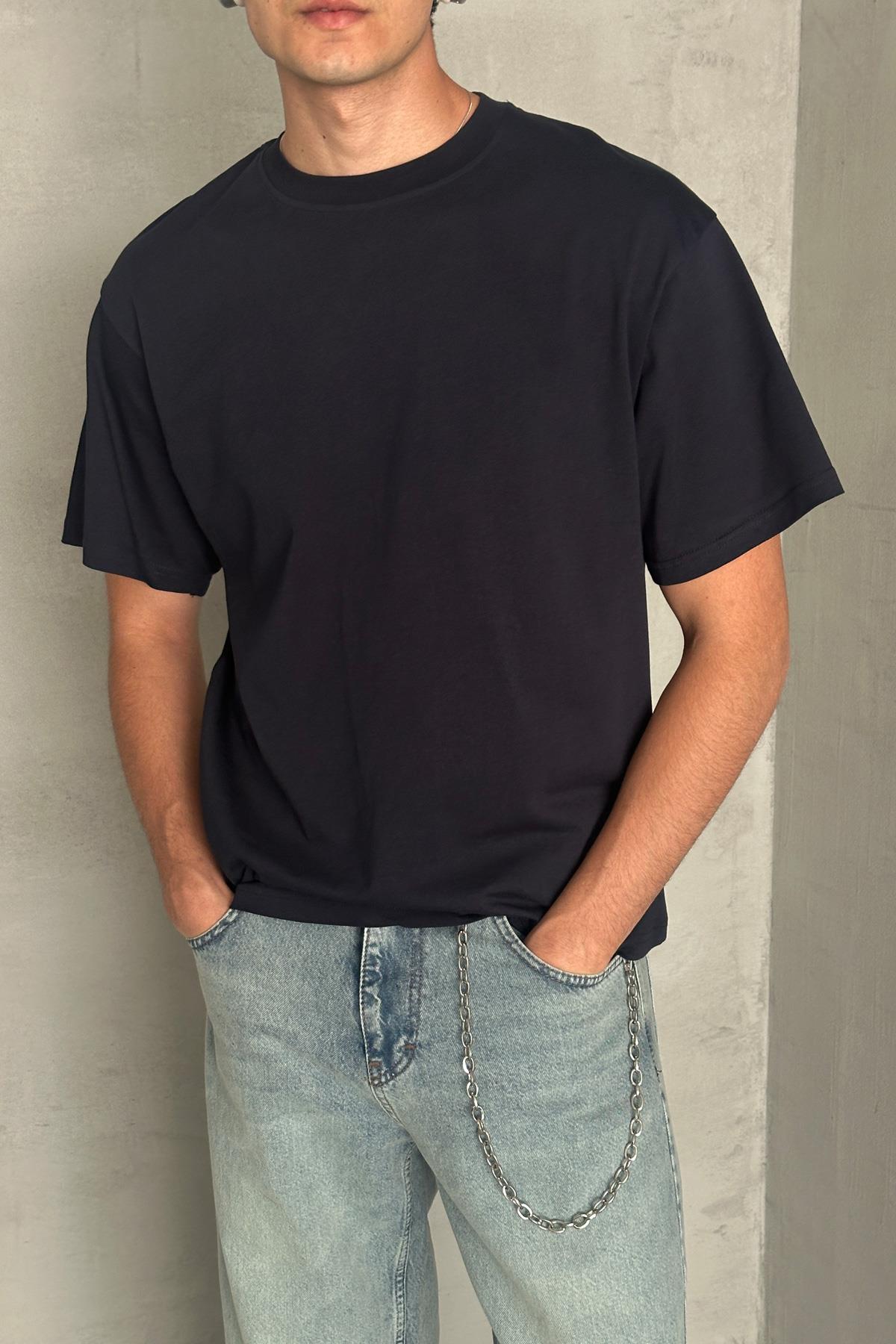 Erkek %100 Pamuk Oversize Basic T-shirt Lacivert