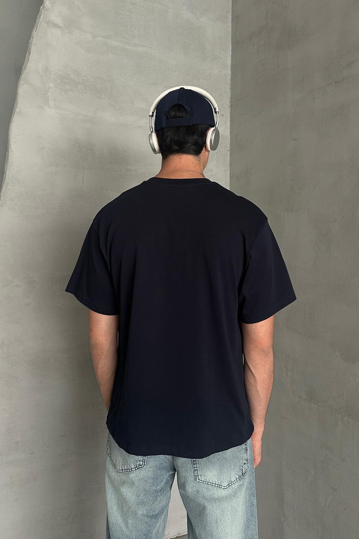 Erkek %100 Pamuk Oversize Basic T-shirt Lacivert
