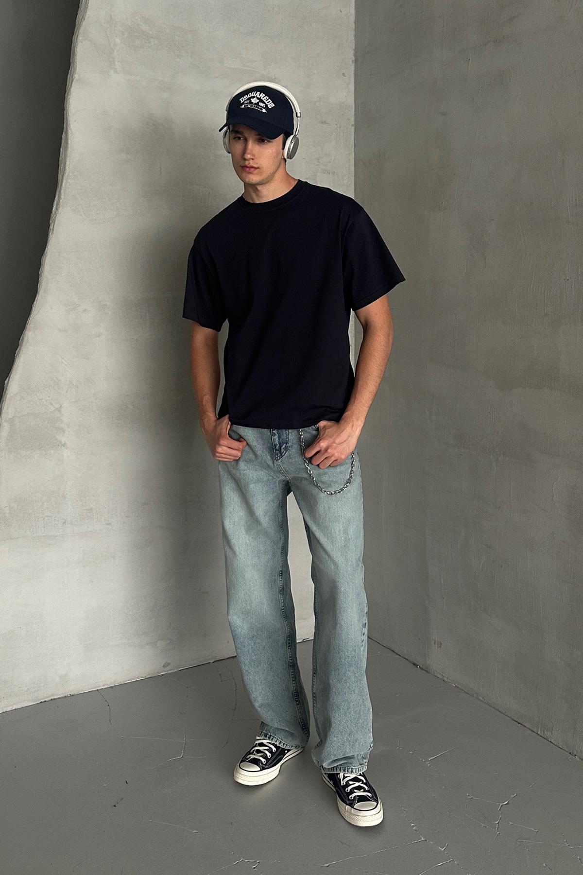 Erkek %100 Pamuk Oversize Basic T-shirt Lacivert