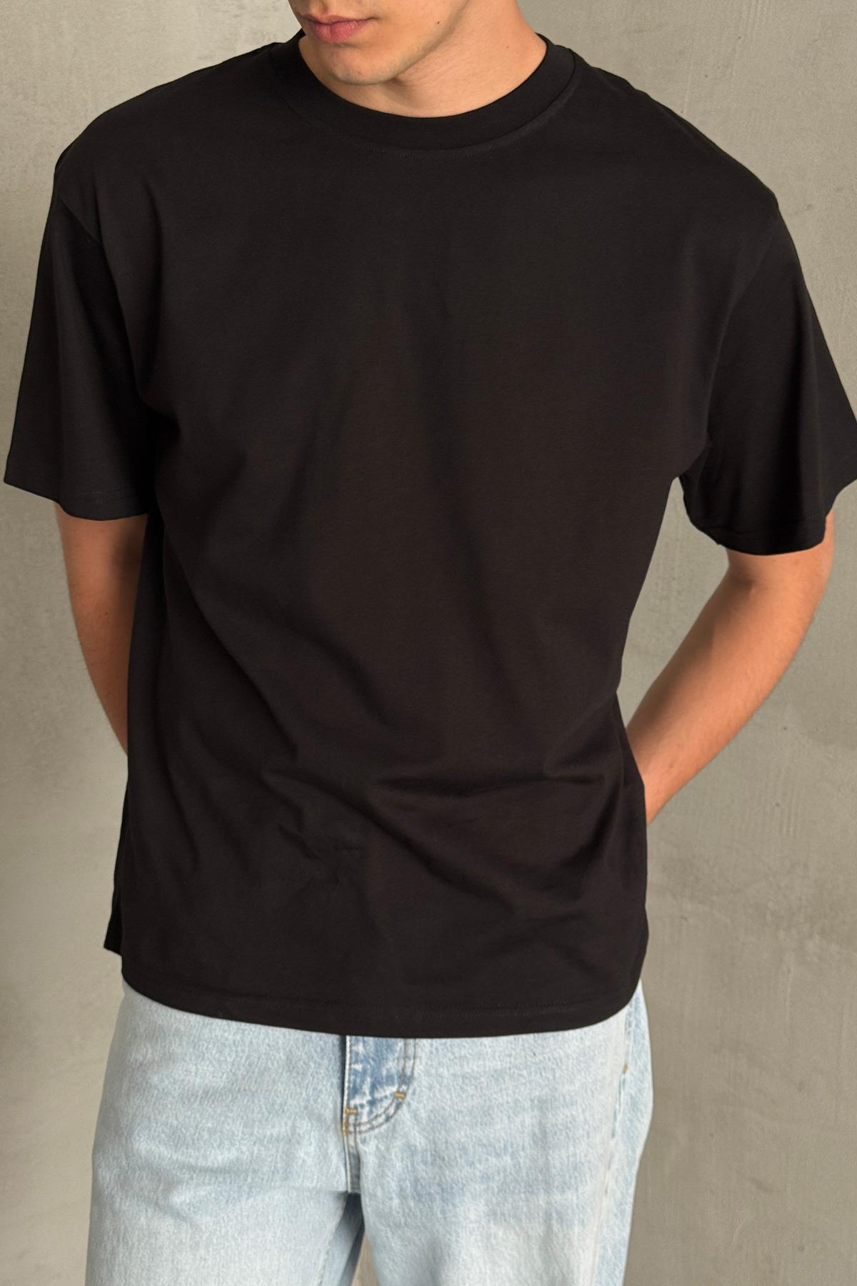 Erkek %100 Pamuk Oversize Basic T-shirt Siyah