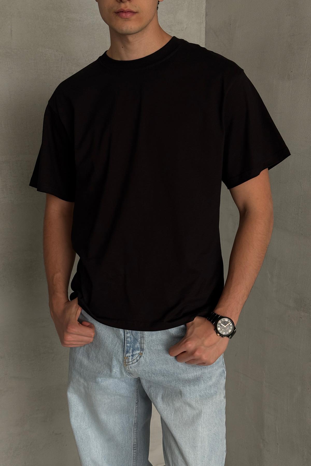 Erkek %100 Pamuk Oversize Basic T-shirt Siyah