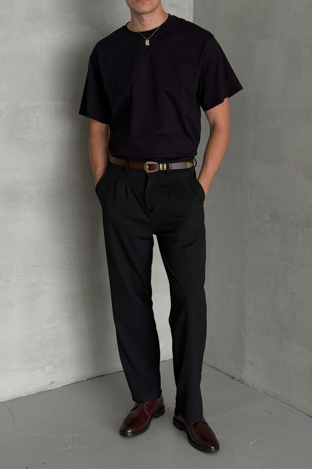 Erkek %100 Pamuk Oversize Basic T-shirt Siyah