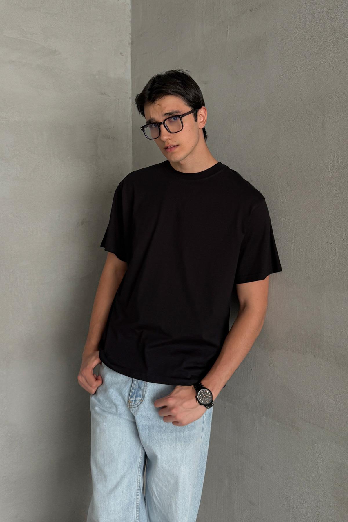 Erkek %100 Pamuk Oversize Basic T-shirt Siyah