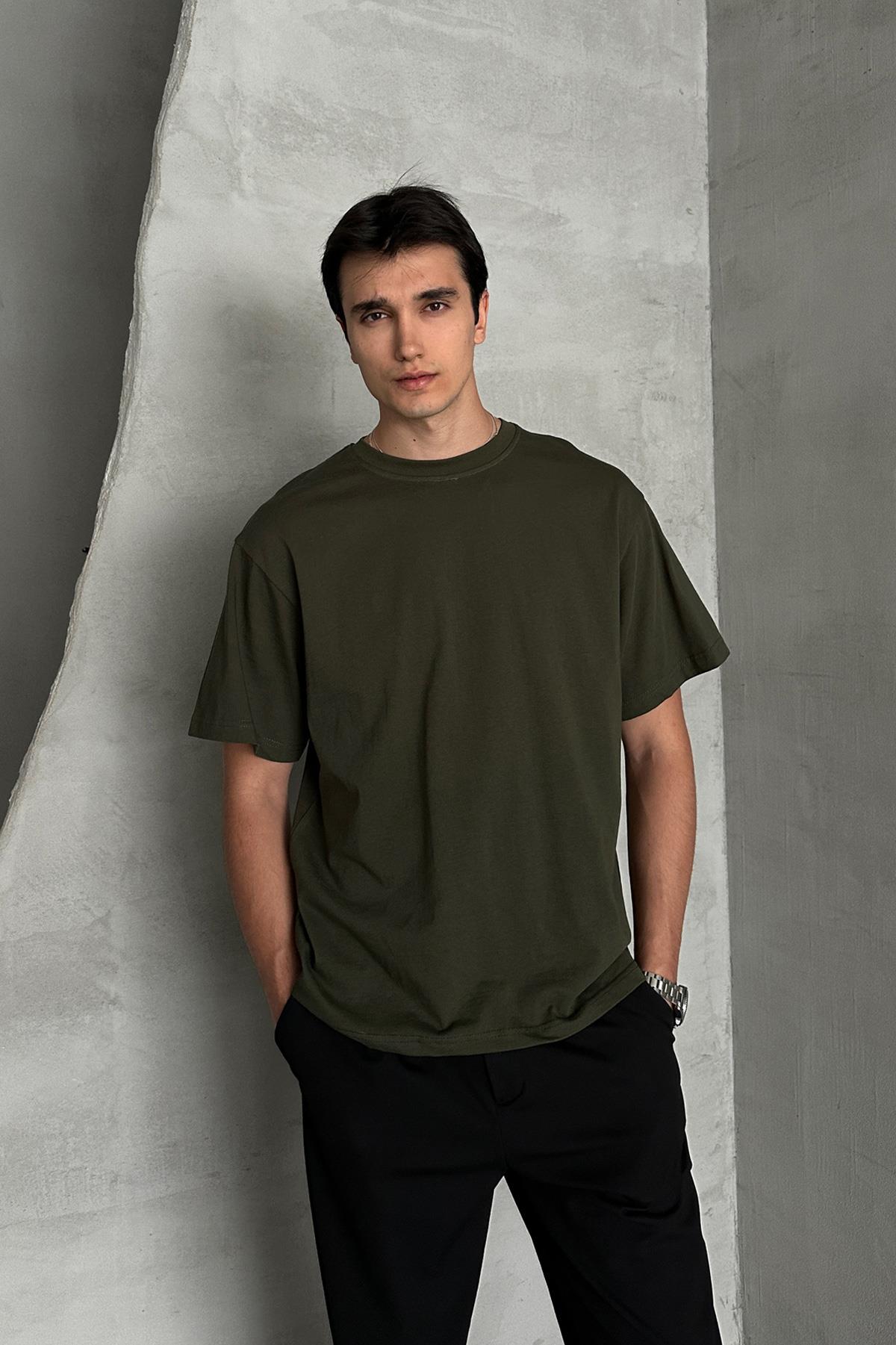 Erkek %100 Pamuk Oversize Basic T-shirt Yeşil