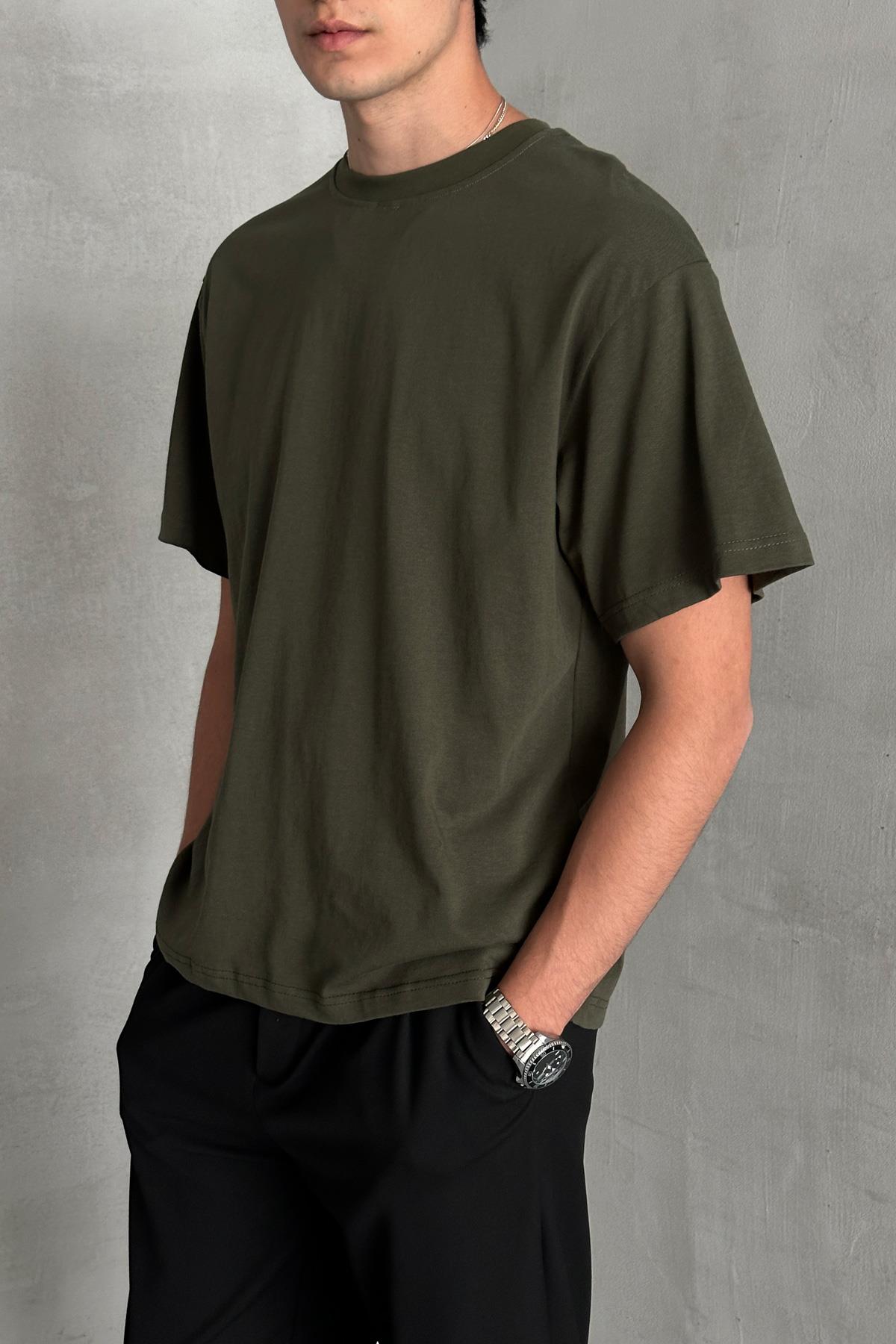 Erkek %100 Pamuk Oversize Basic T-shirt Yeşil