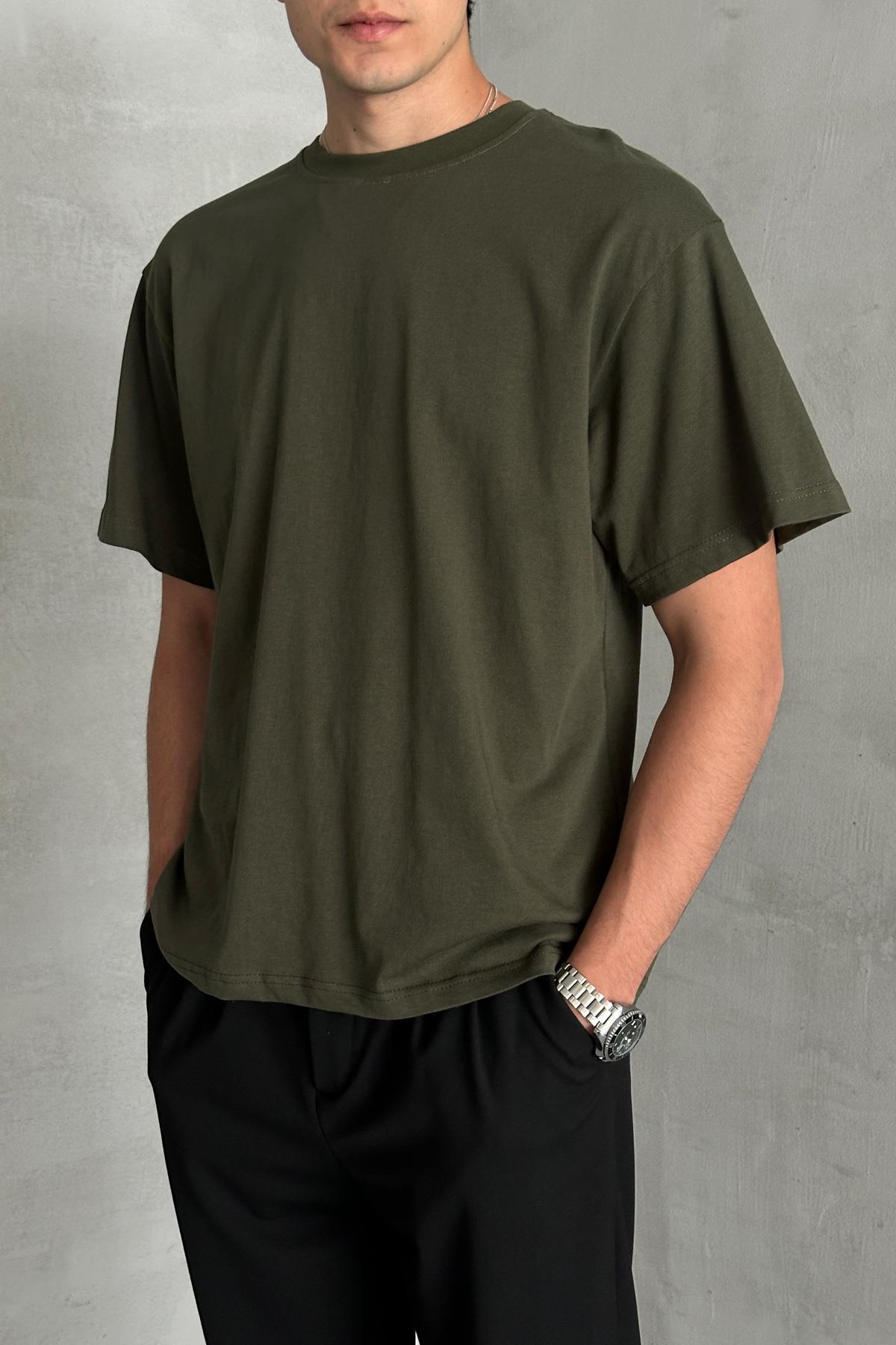 Erkek %100 Pamuk Oversize Basic T-shirt Yeşil