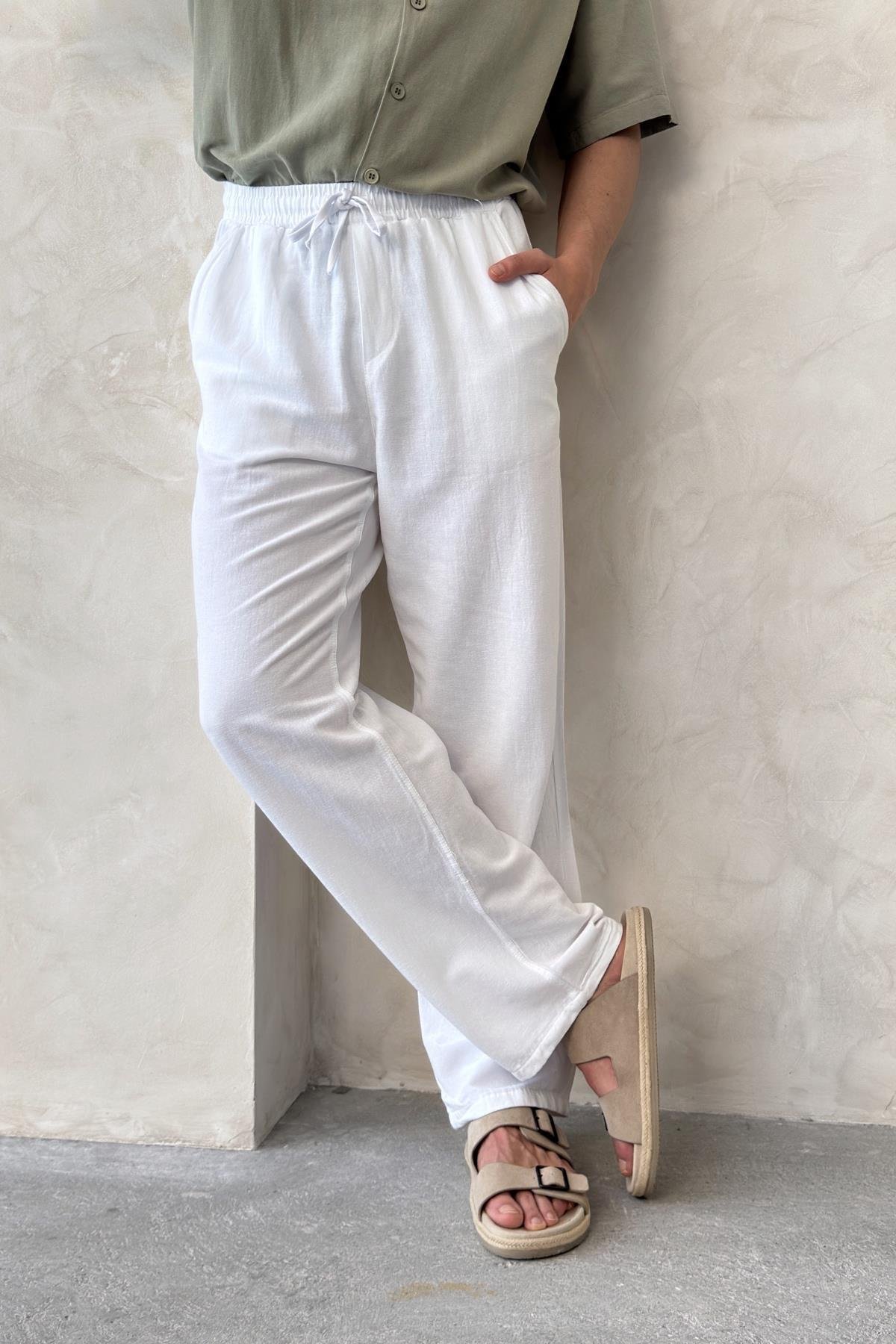 Erkek Beli Lastikli Baggy Kalıp Keten Pantolon Beyaz