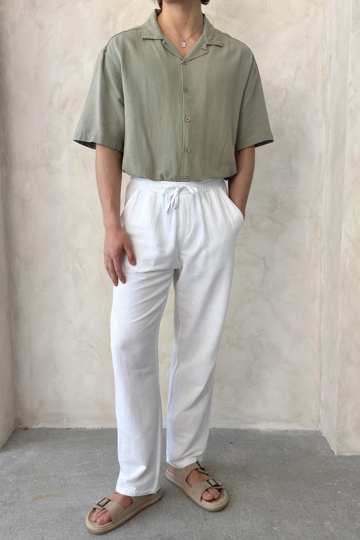 Erkek Beli Lastikli Baggy Kalıp Keten Pantolon Beyaz