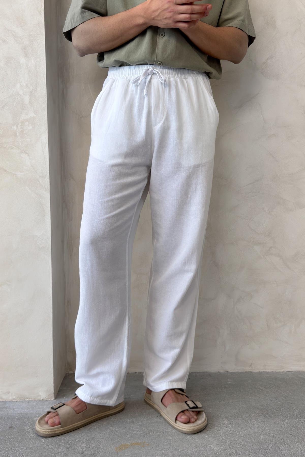 Erkek Beli Lastikli Baggy Kalıp Keten Pantolon Beyaz