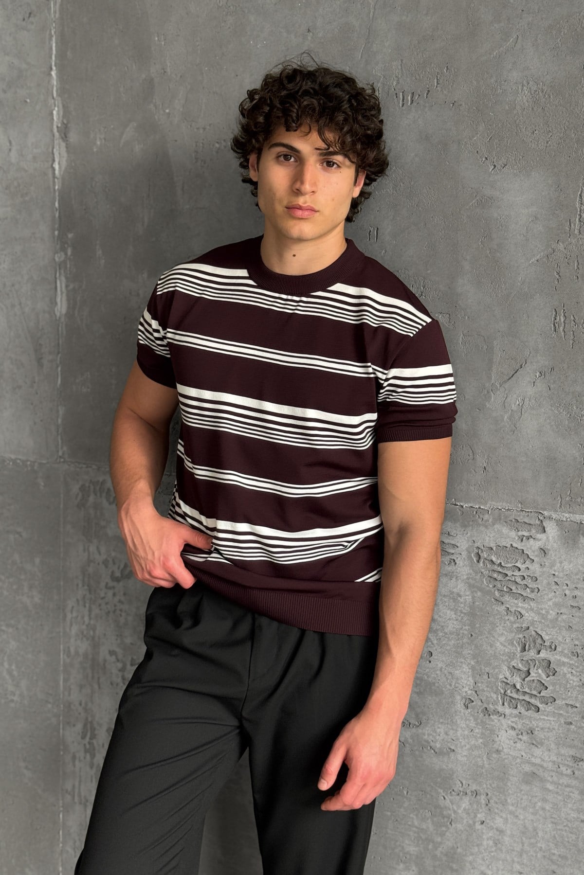 Erkek Bisiklet Yaka Oversize Çizgili Triko T-shirt Bordo
