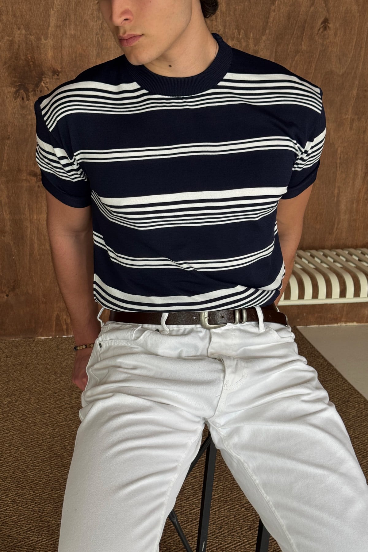 Erkek Bisiklet Yaka Oversize Çizgili Triko T-shirt Lacivert