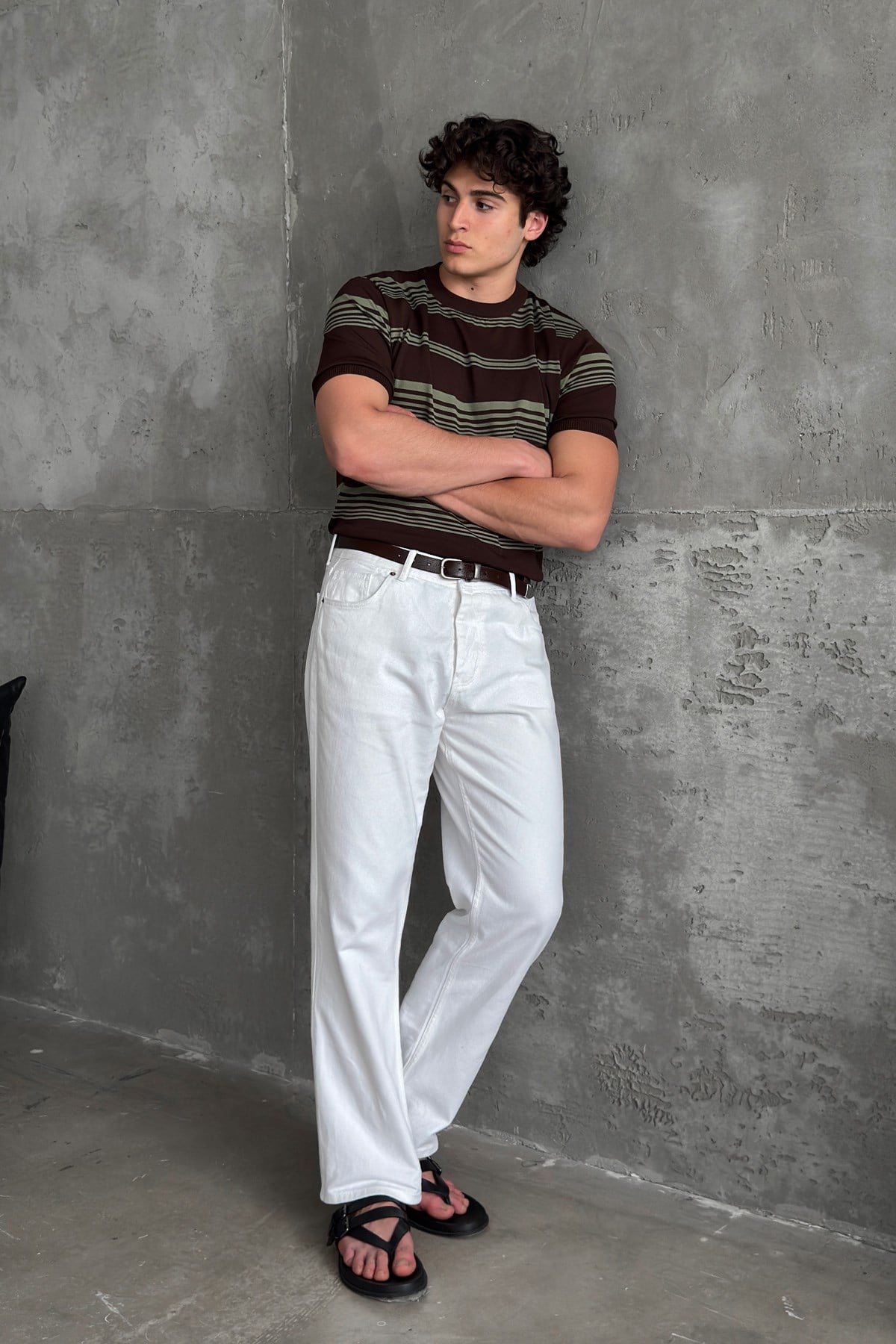 Erkek Bisiklet Yaka Oversize Çizgili Triko T-shirt Kahverengi