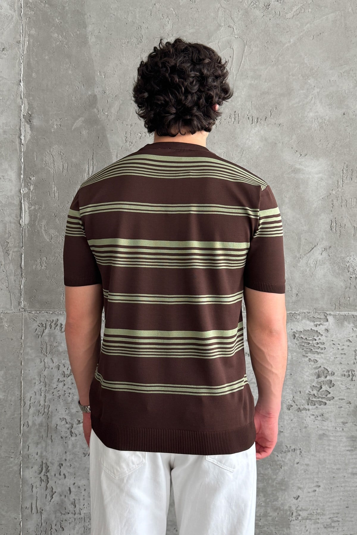 Erkek Bisiklet Yaka Oversize Çizgili Triko T-shirt Kahverengi