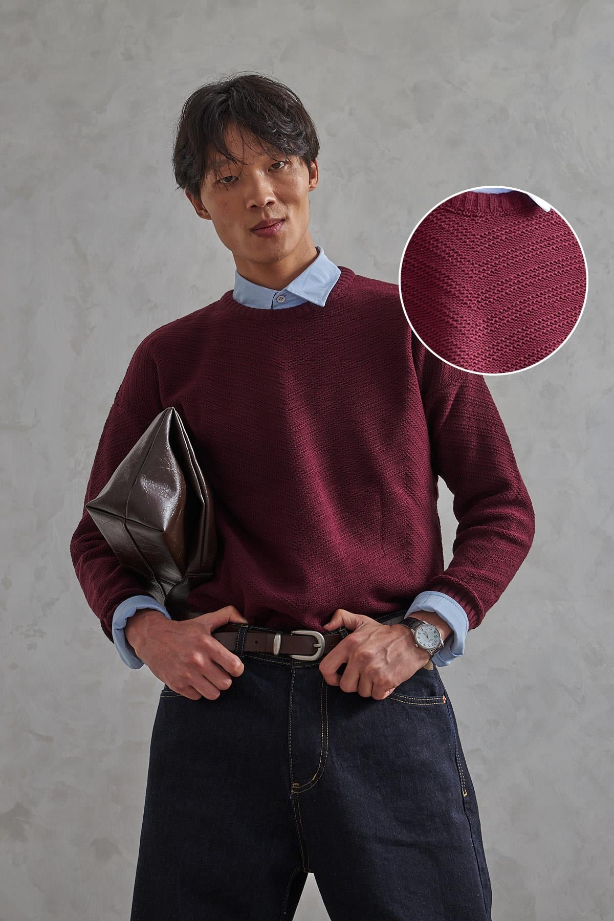 Erkek Bisiklet Yaka Oversize Ters Örgü Desen Kazak Bordo