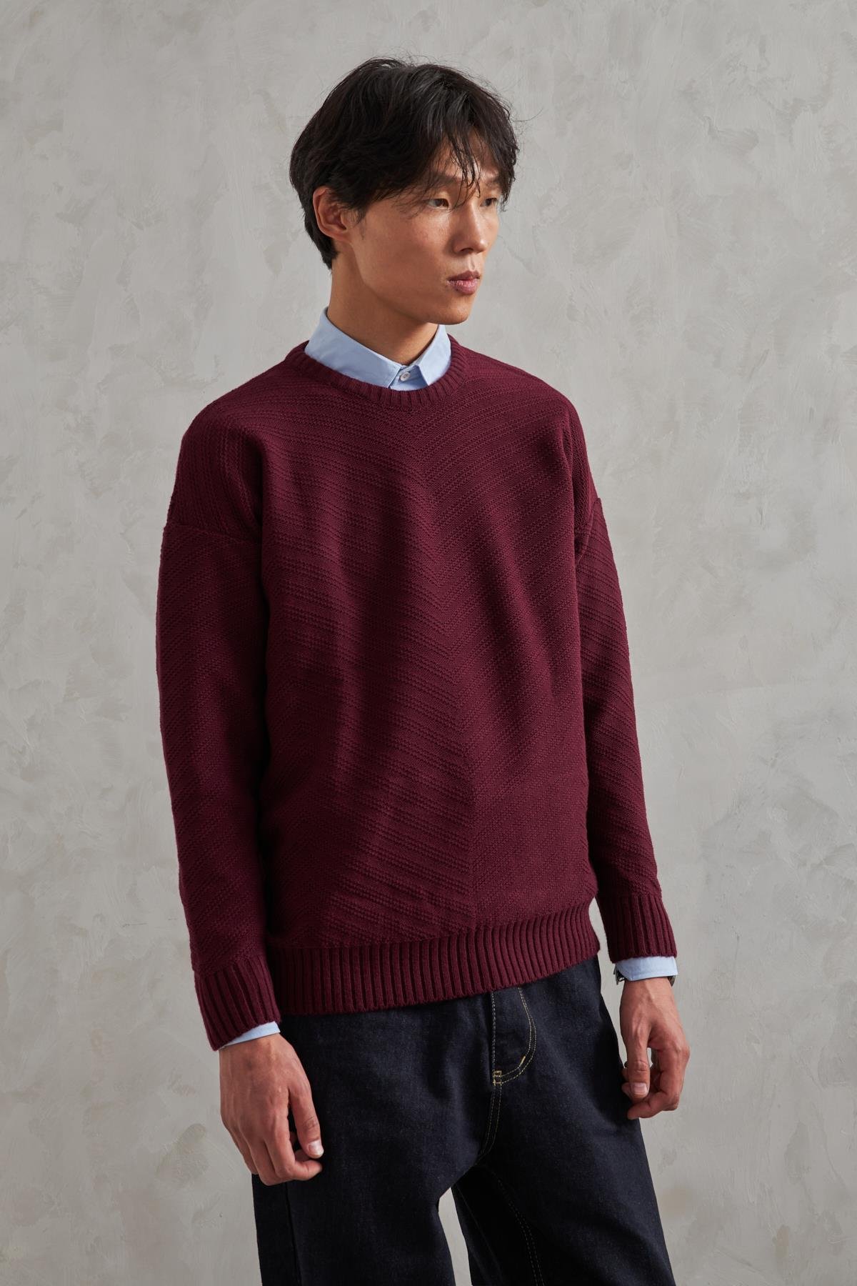 Erkek Bisiklet Yaka Oversize Ters Örgü Desen Kazak Bordo