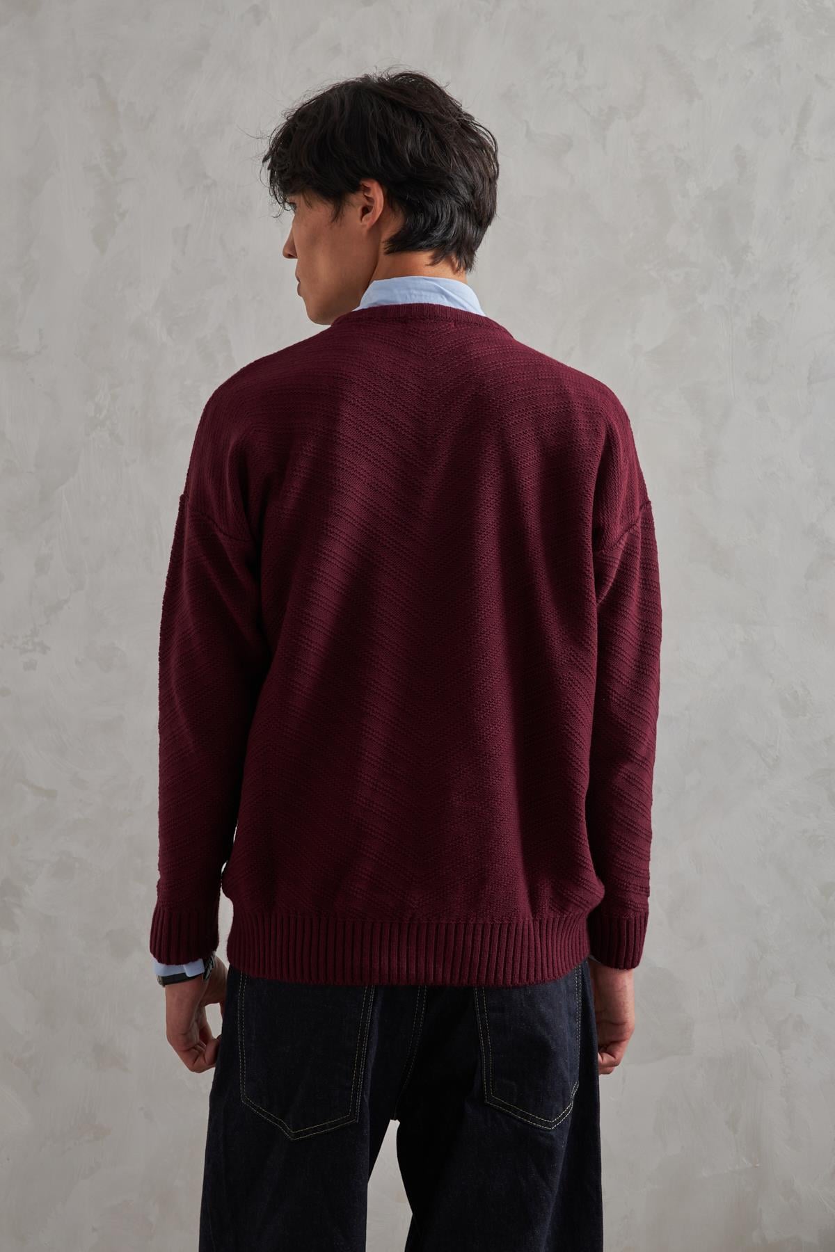 Erkek Bisiklet Yaka Oversize Ters Örgü Desen Kazak Bordo