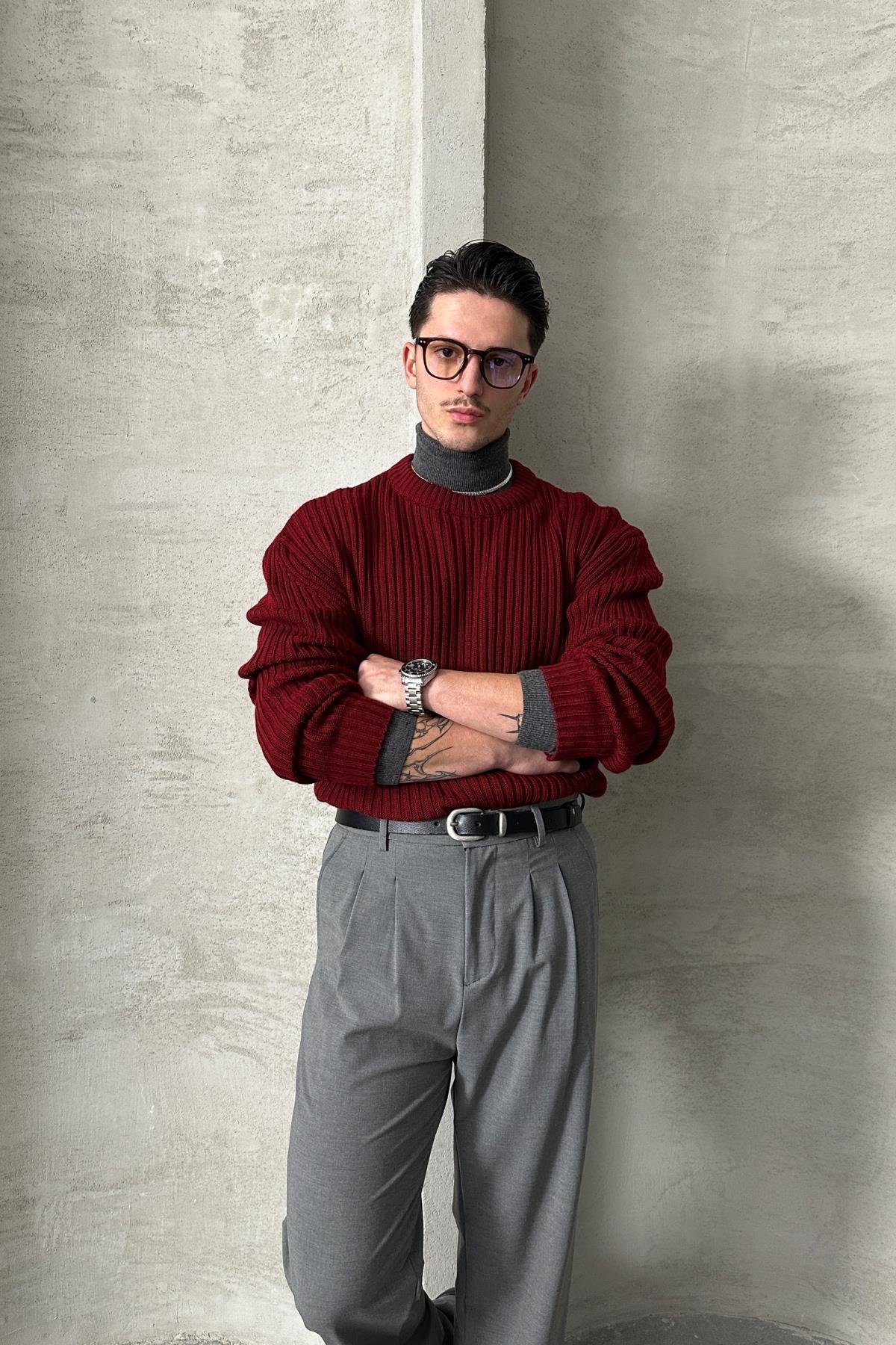 Erkek Fitilli Örme Oversize Kazak Bordo