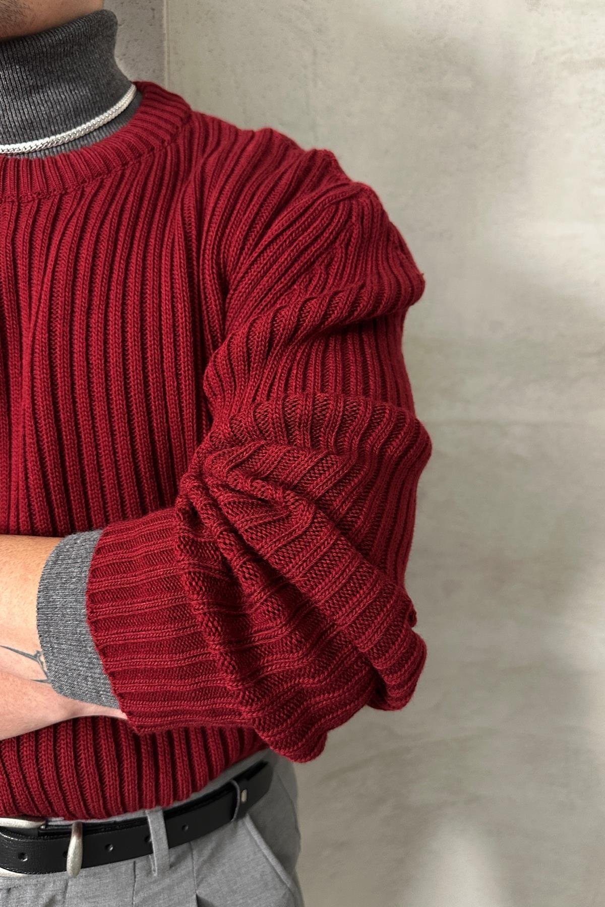 Erkek Fitilli Örme Oversize Kazak Bordo