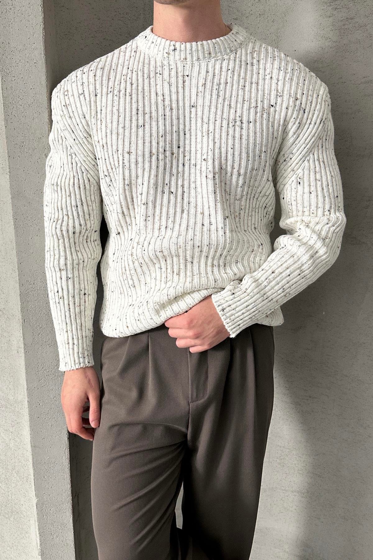Erkek Fitilli Örme Oversize Kazak Ekru