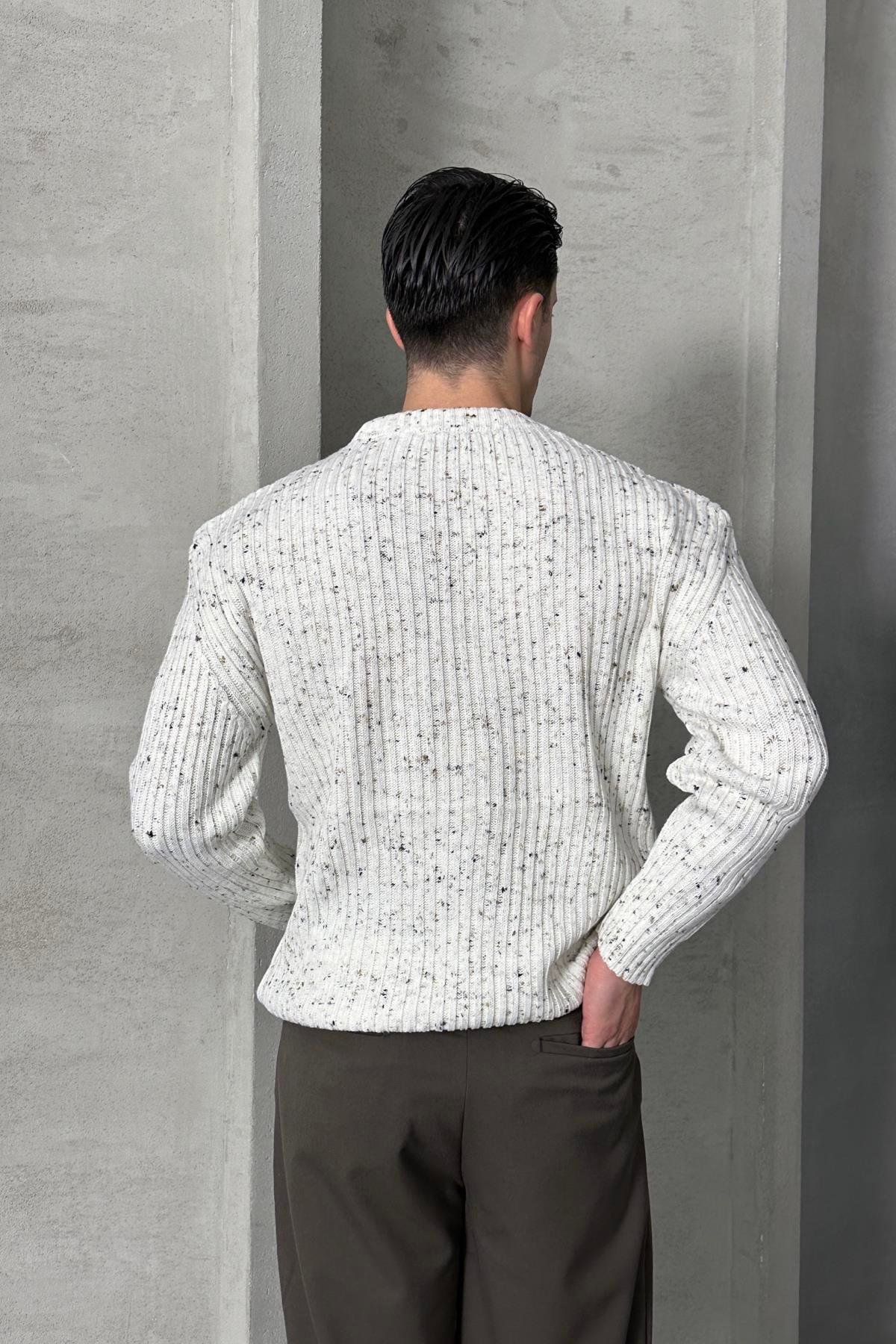 Erkek Fitilli Örme Oversize Kazak Ekru