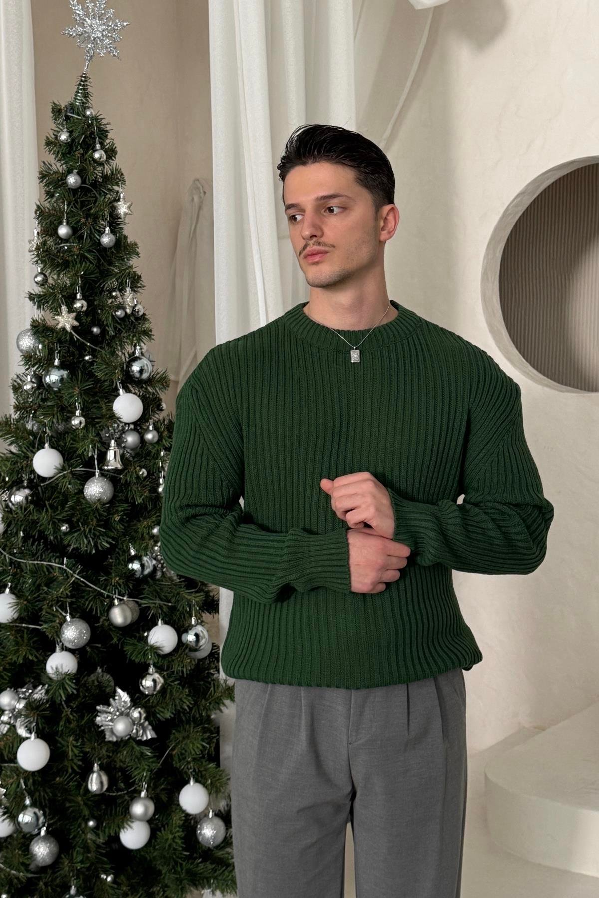 Erkek Fitilli Örme Oversize Kazak Koyu Yeşil