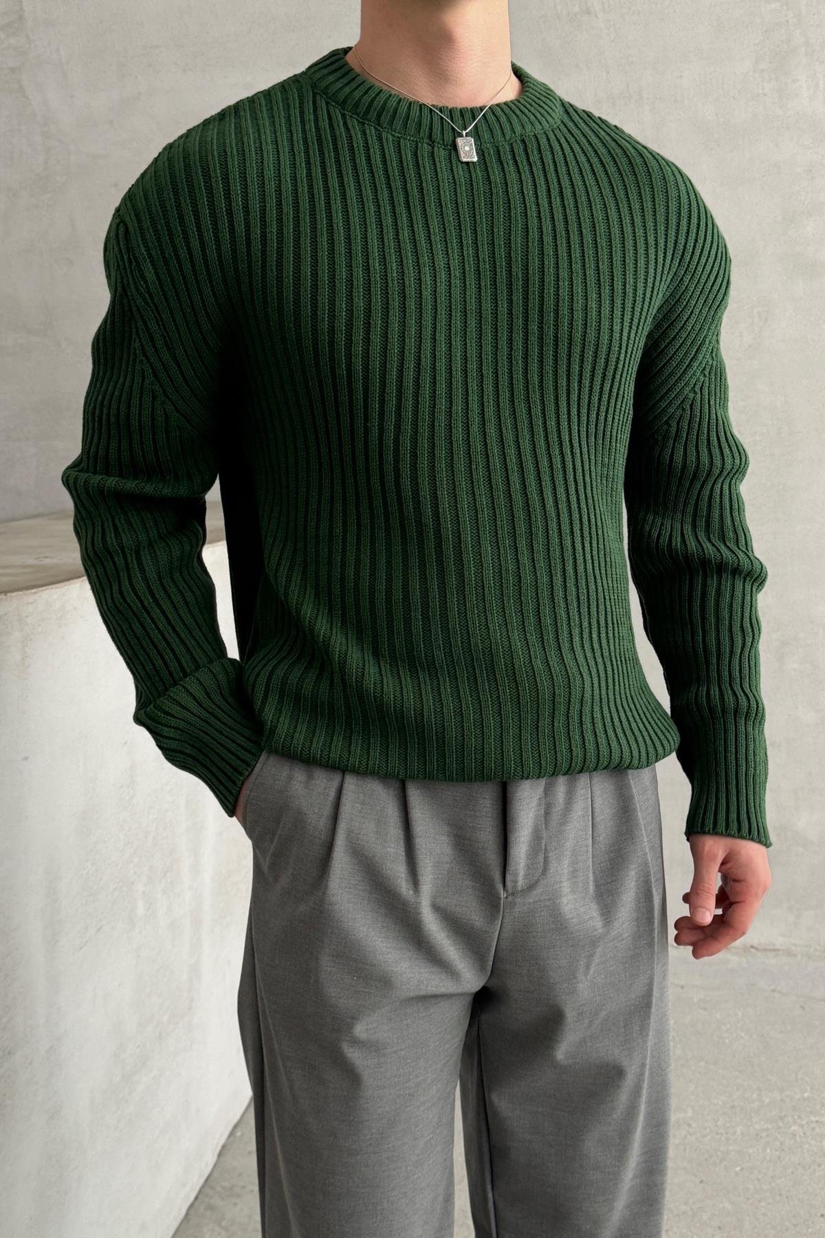 Erkek Fitilli Örme Oversize Kazak Koyu Yeşil