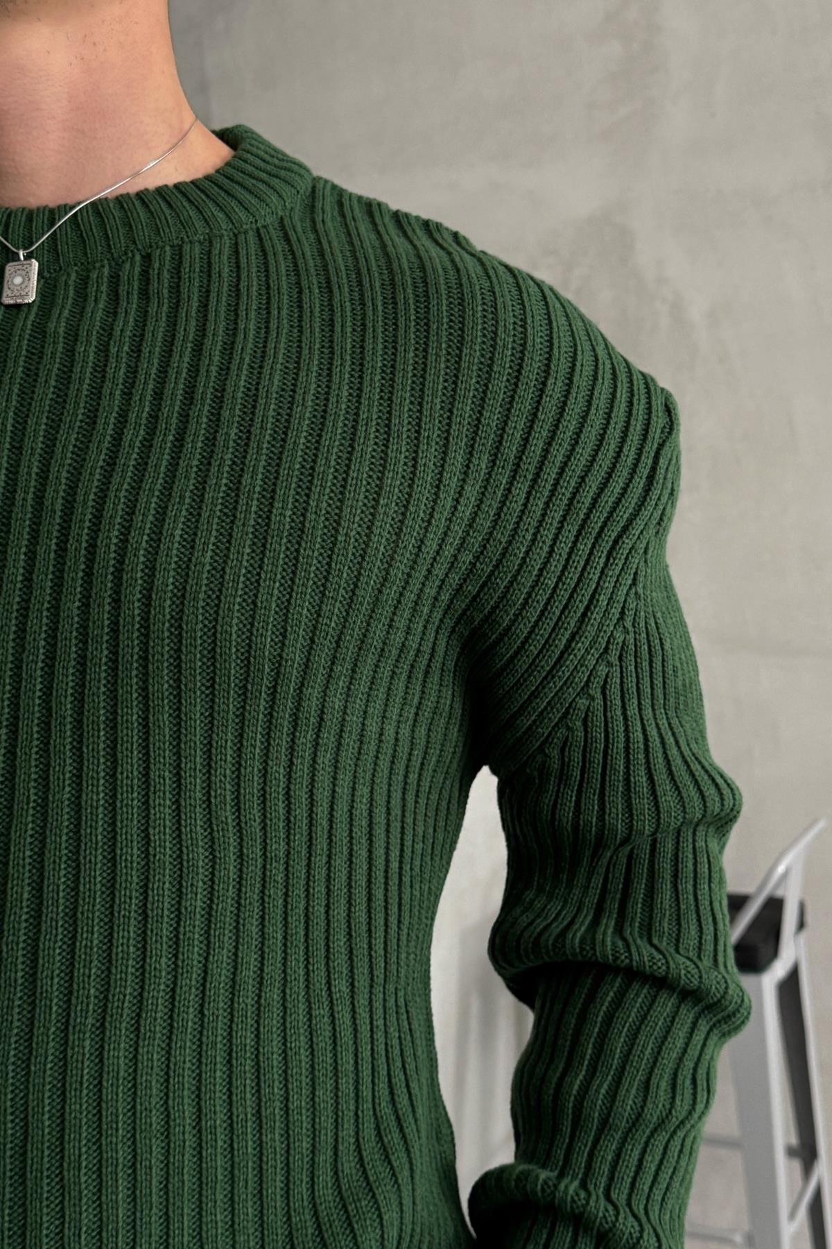 Erkek Fitilli Örme Oversize Kazak Koyu Yeşil