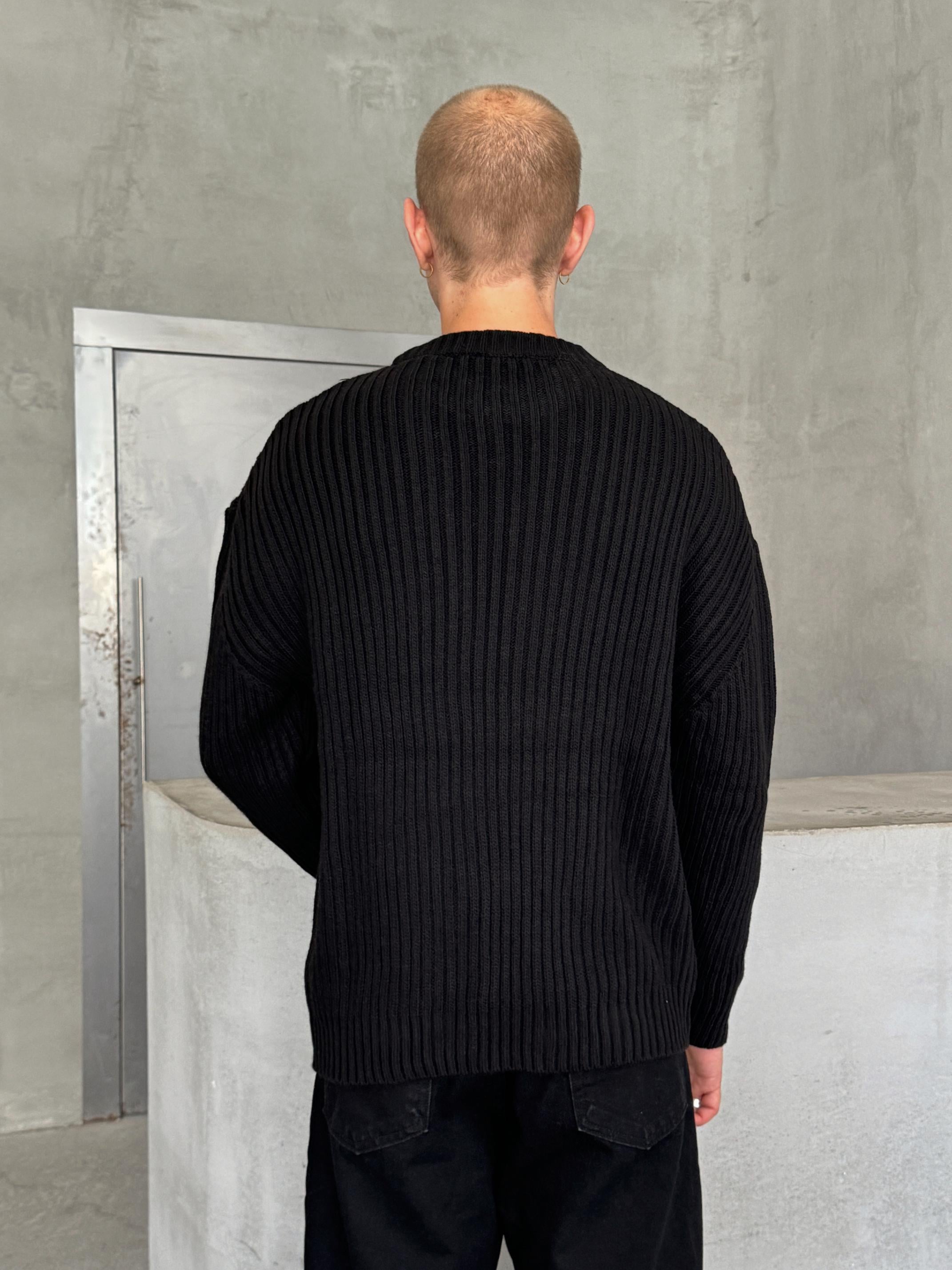 Erkek Fitilli Örme Oversize Kazak Siyah