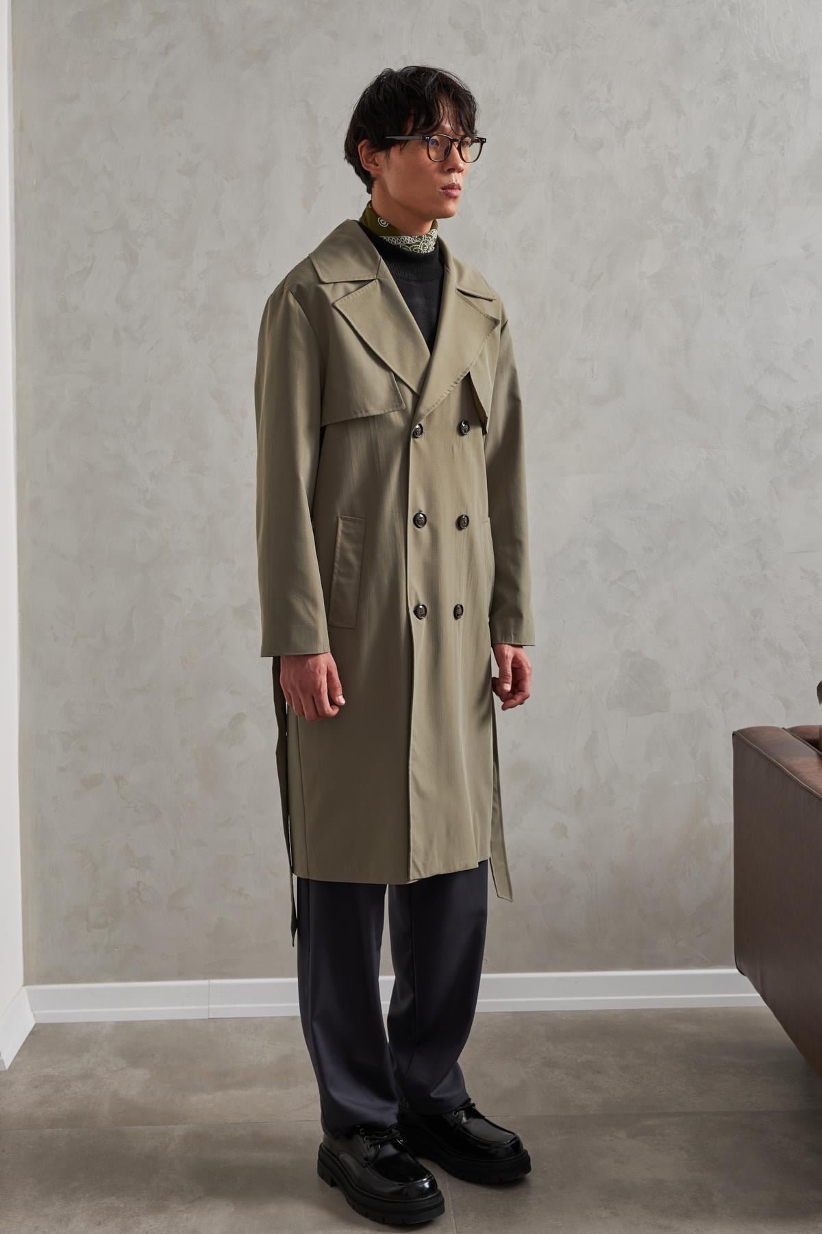 Erkek Kruvaze Yaka Oversize Trençkot Haki