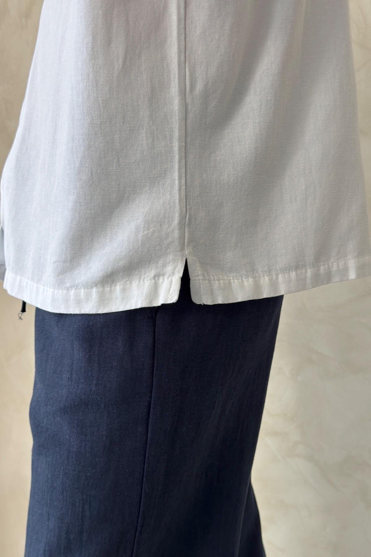Erkek Oversize Apaş Yaka Kısa Kollu Keten Gömlek Beyaz