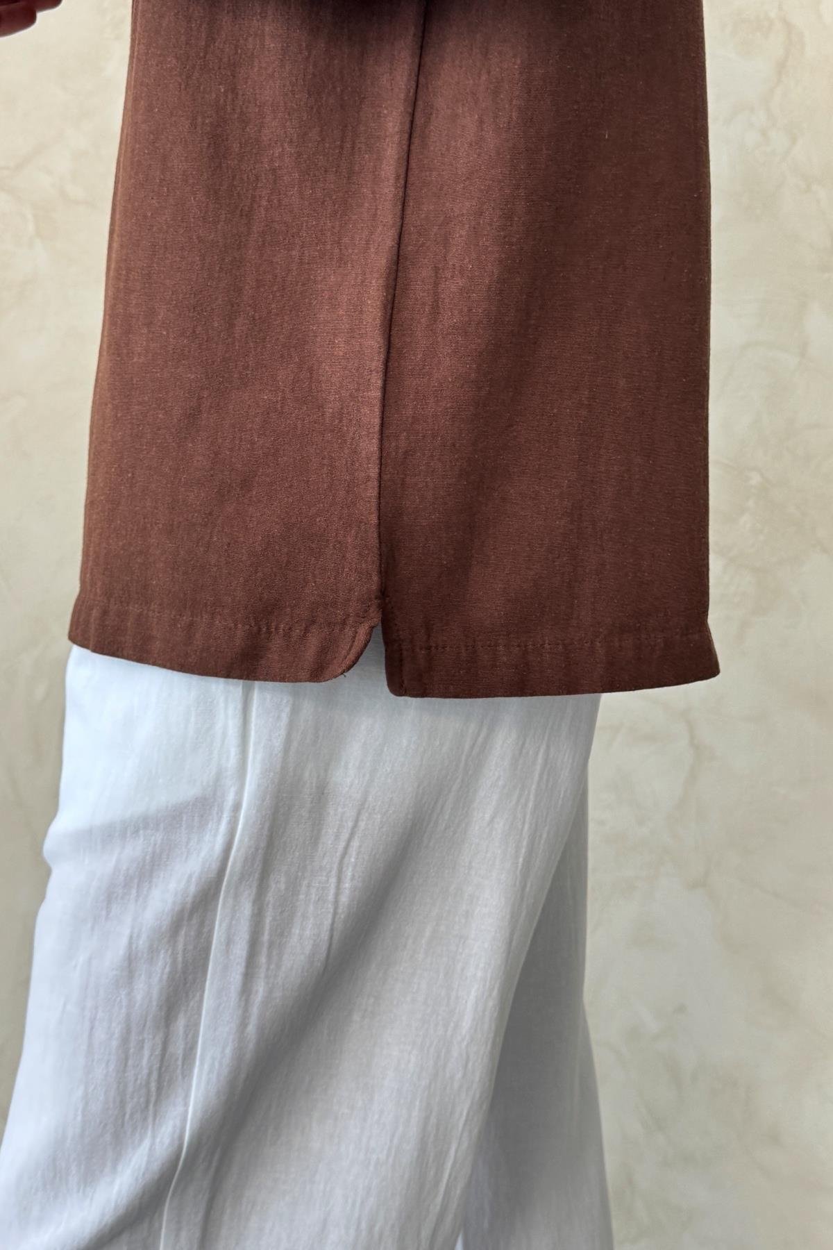 Erkek Oversize Apaş Yaka Kısa Kollu Keten Gömlek Kahverengi