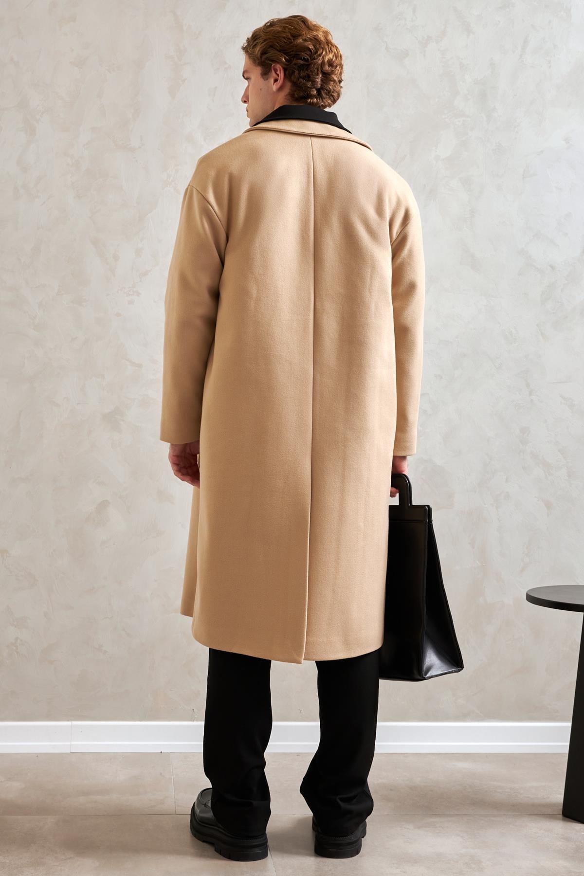Erkek Oversize Astarlı Uzun Kaşe Kaban  Krem