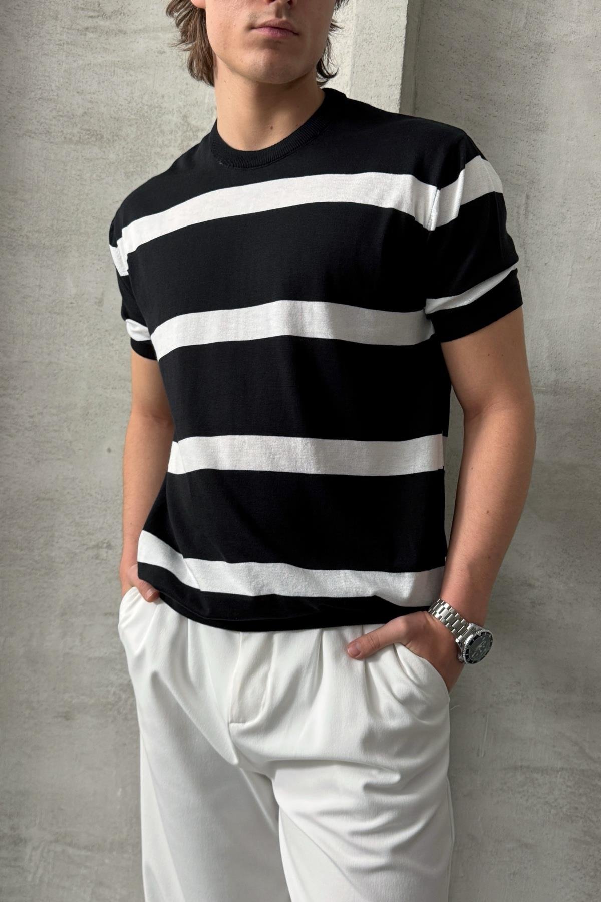 Erkek Oversize Bisiklet Yaka Çizgili Triko T-Shirt  Siyah