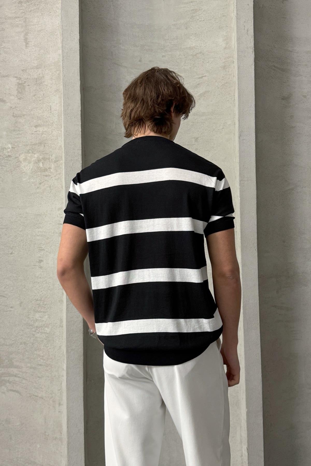 Erkek Oversize Bisiklet Yaka Çizgili Triko T-Shirt  Siyah